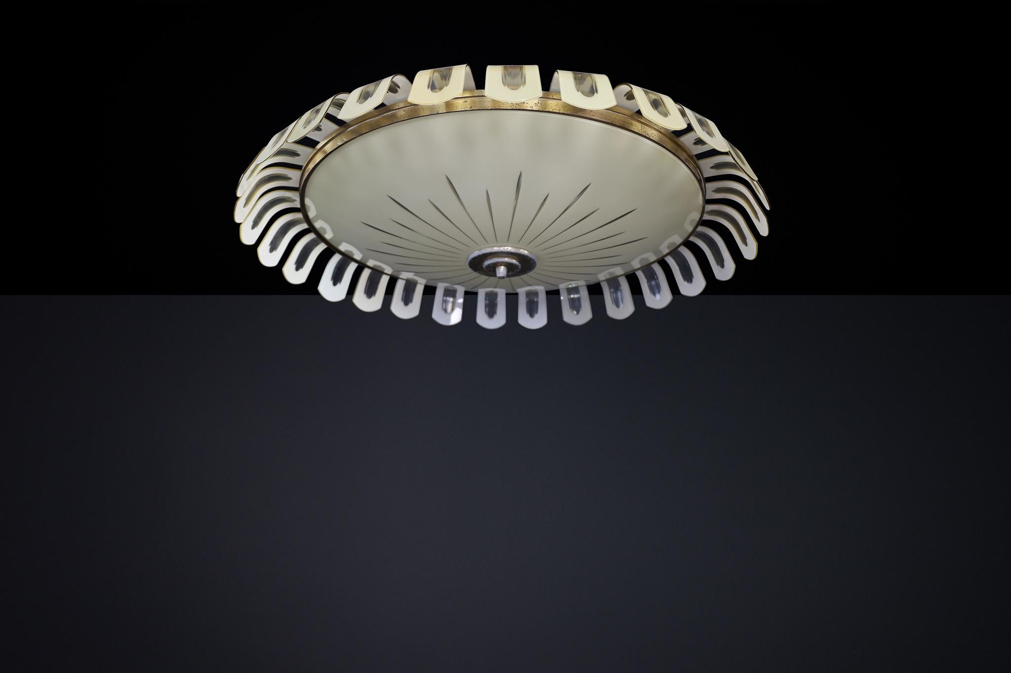 Elegant Art Deco Brass and Green Opaline Glass Chandelier, Germany 1930s For Sale 1
