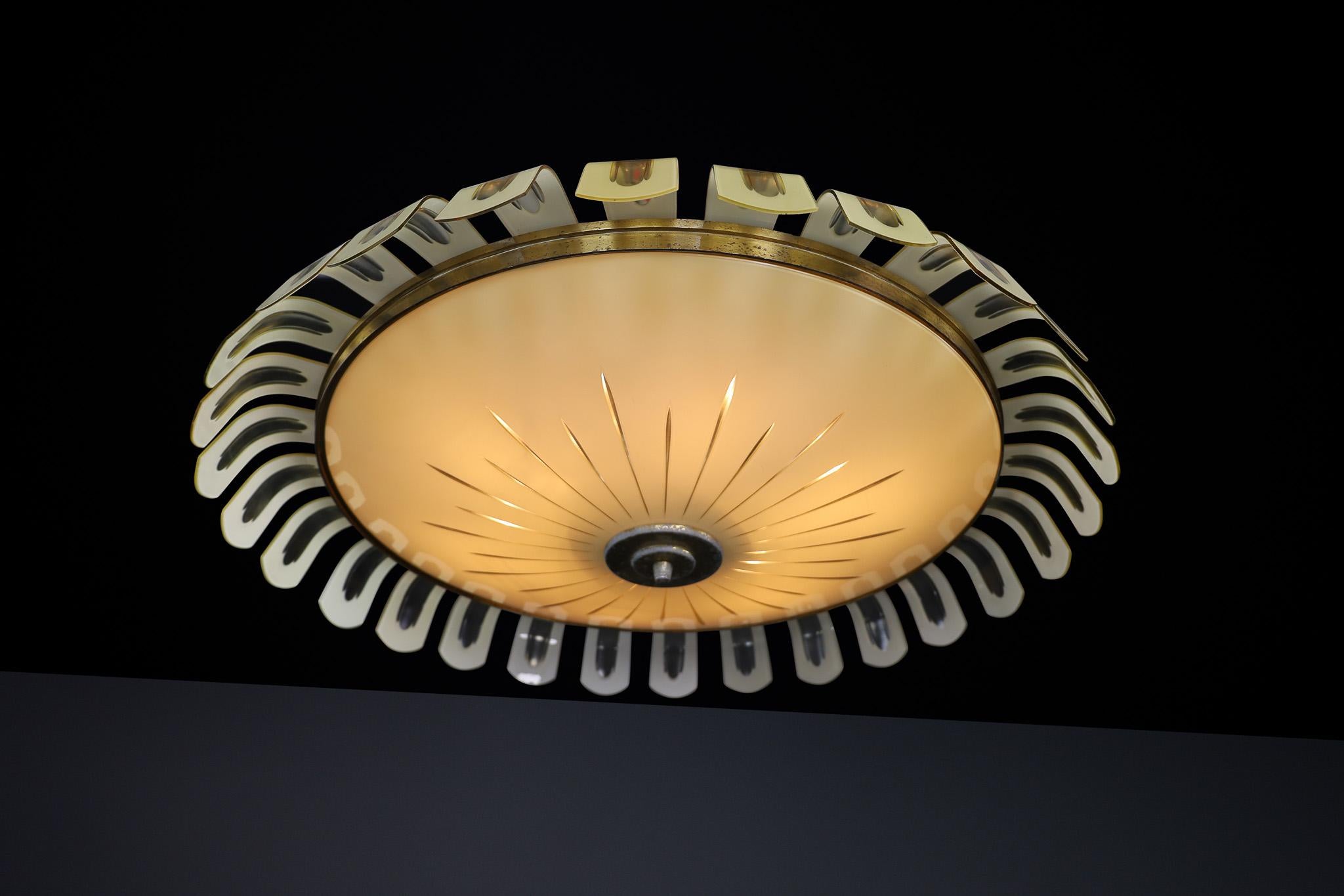 Elegant Art Deco Brass and Green Opaline Glass Chandelier, Germany 1930s For Sale 2