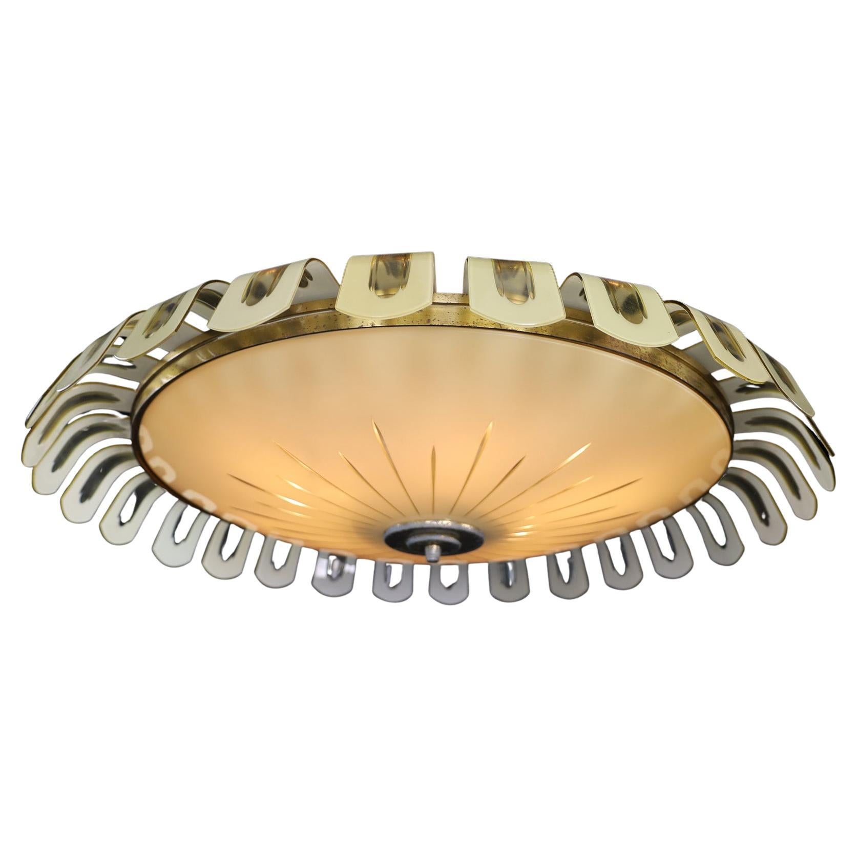 Elegant Art Deco Brass and Green Opaline Glass Chandelier, Germany 1930s