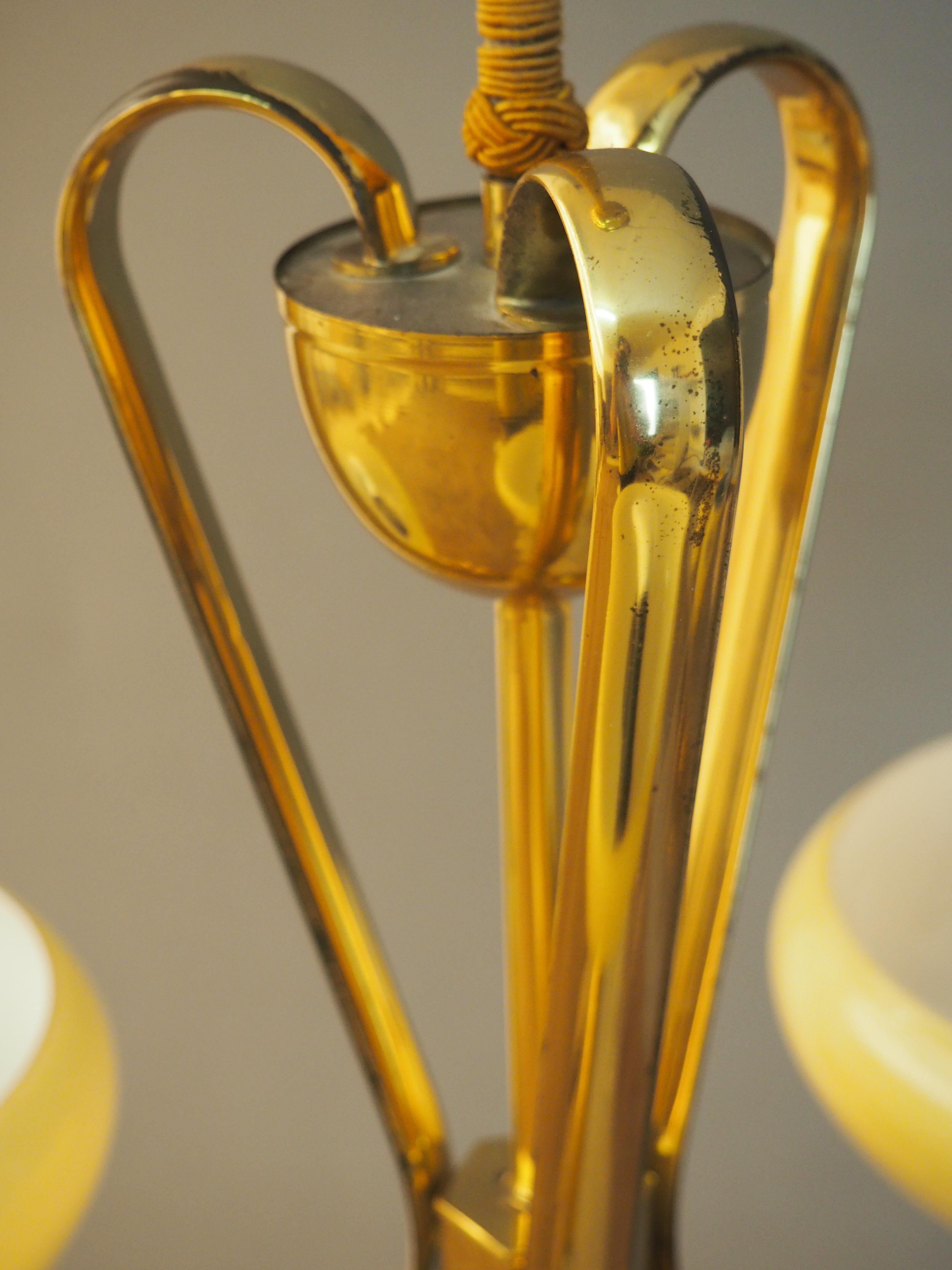 Elegant Art Deco Brass and Opal Glass Three-Light Chandelier, circa 1930s 1