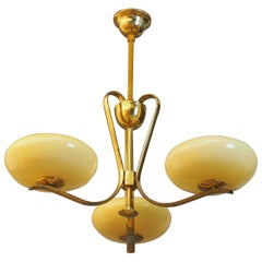 Elegant Art Deco Brass and Opal Glass Three-Light Chandelier, circa 1930s