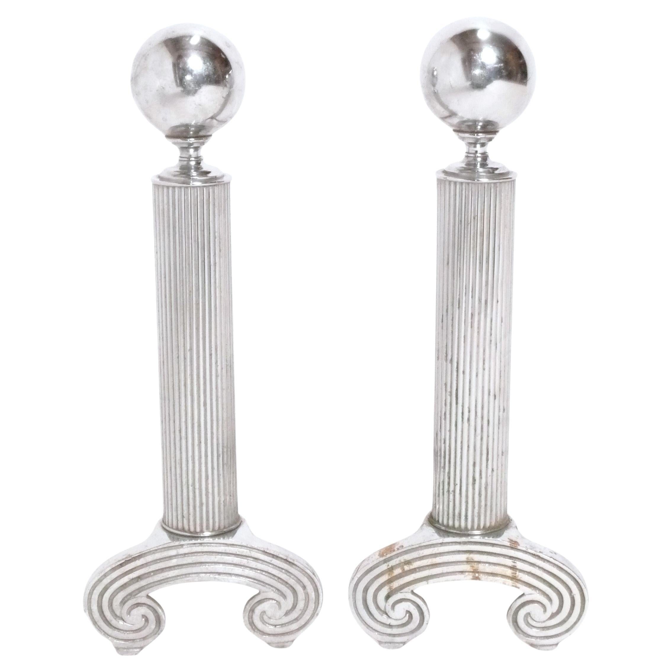 Elegant Art Deco Chrome Andirons 1930s