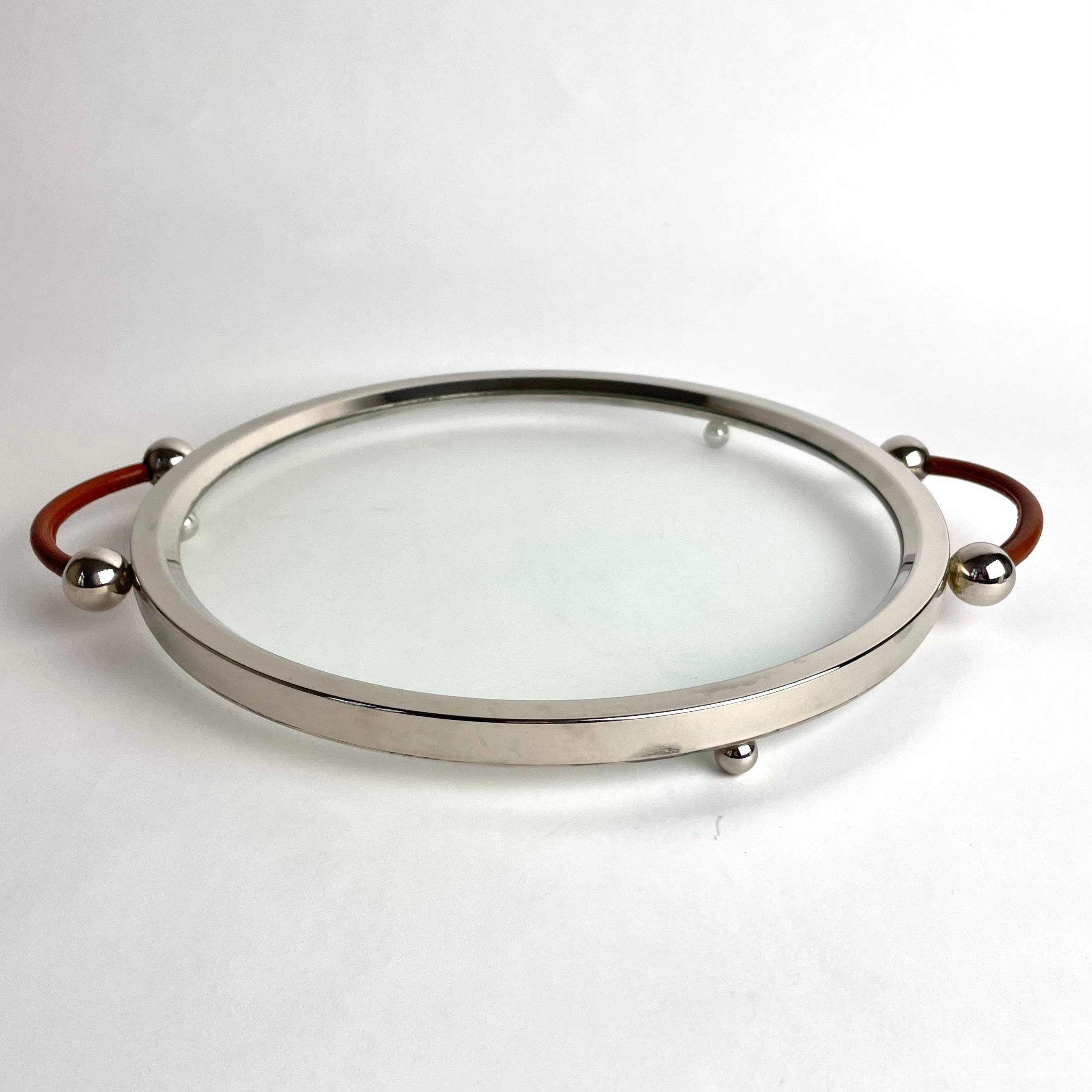 European Elegant Art Deco Cocktail Tray from the 1920s in glass, silver plate and leather For Sale