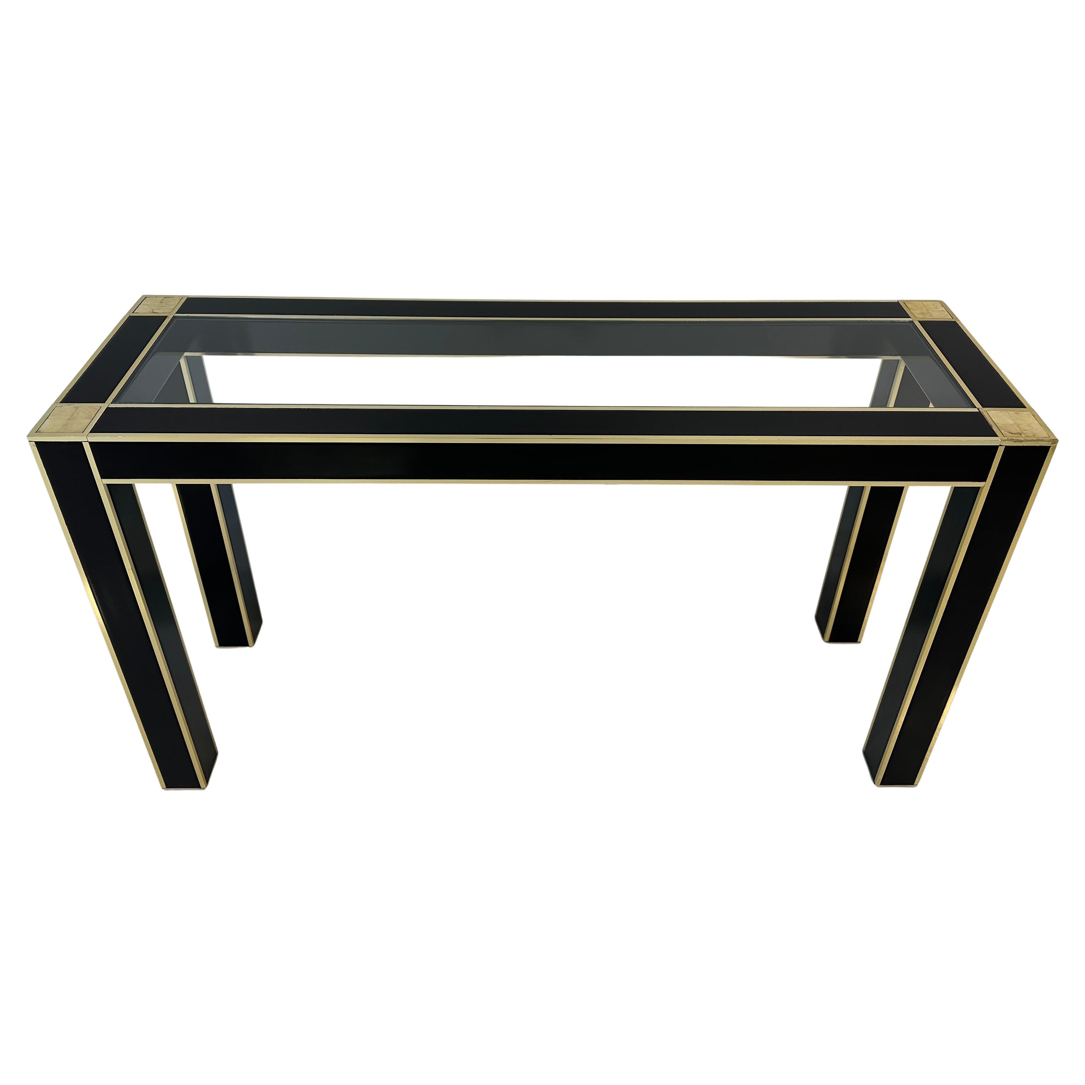Elegante Art-Déco-Konsole im Art déco-Stil, schwarzer Lack, Messingbesatz Attr. Willy Rizzo, 1970er-Jahre