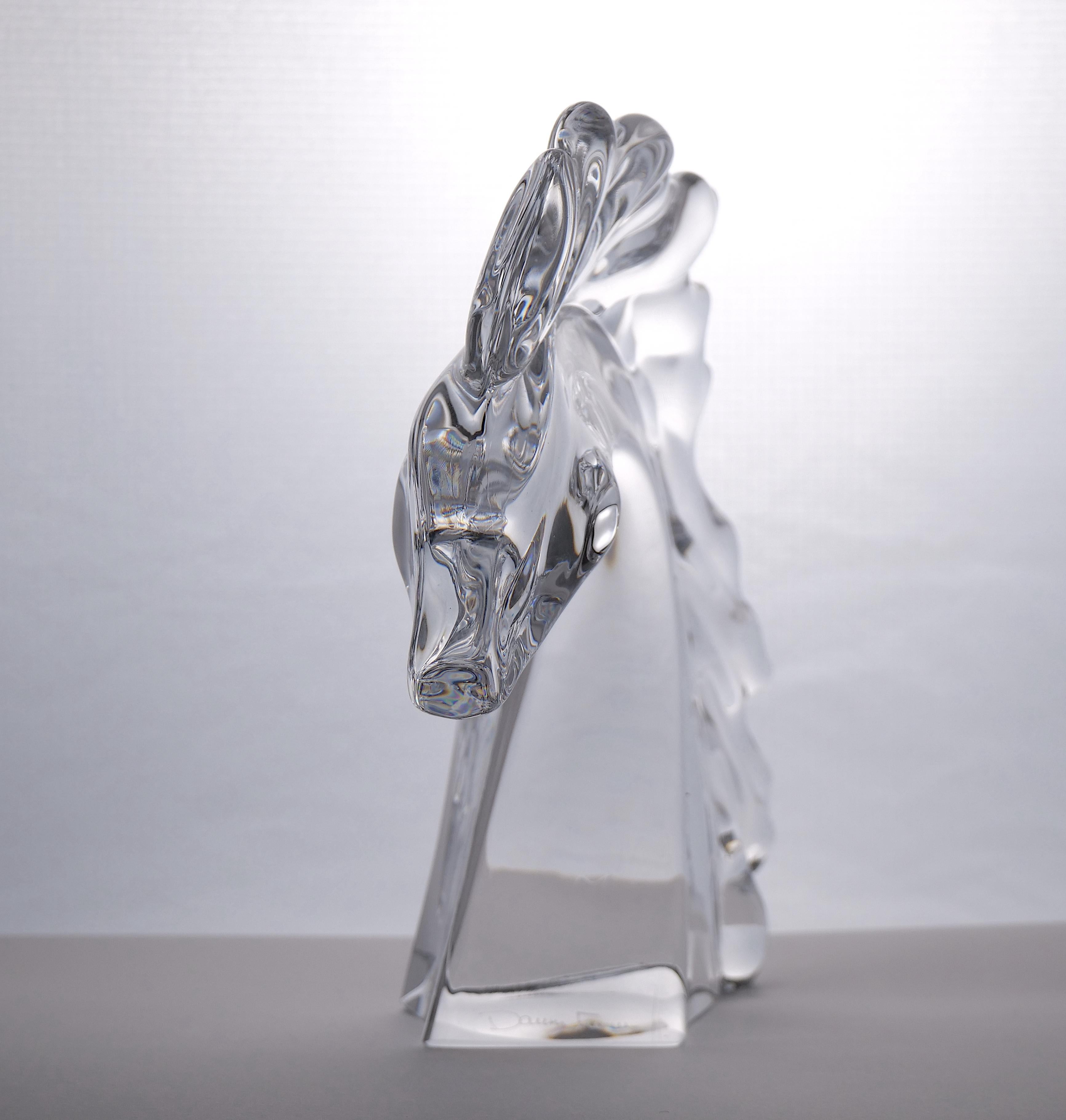 French Elegant Art Deco Crystal Tall Horse Head Sculpture by Daum Crystal France
