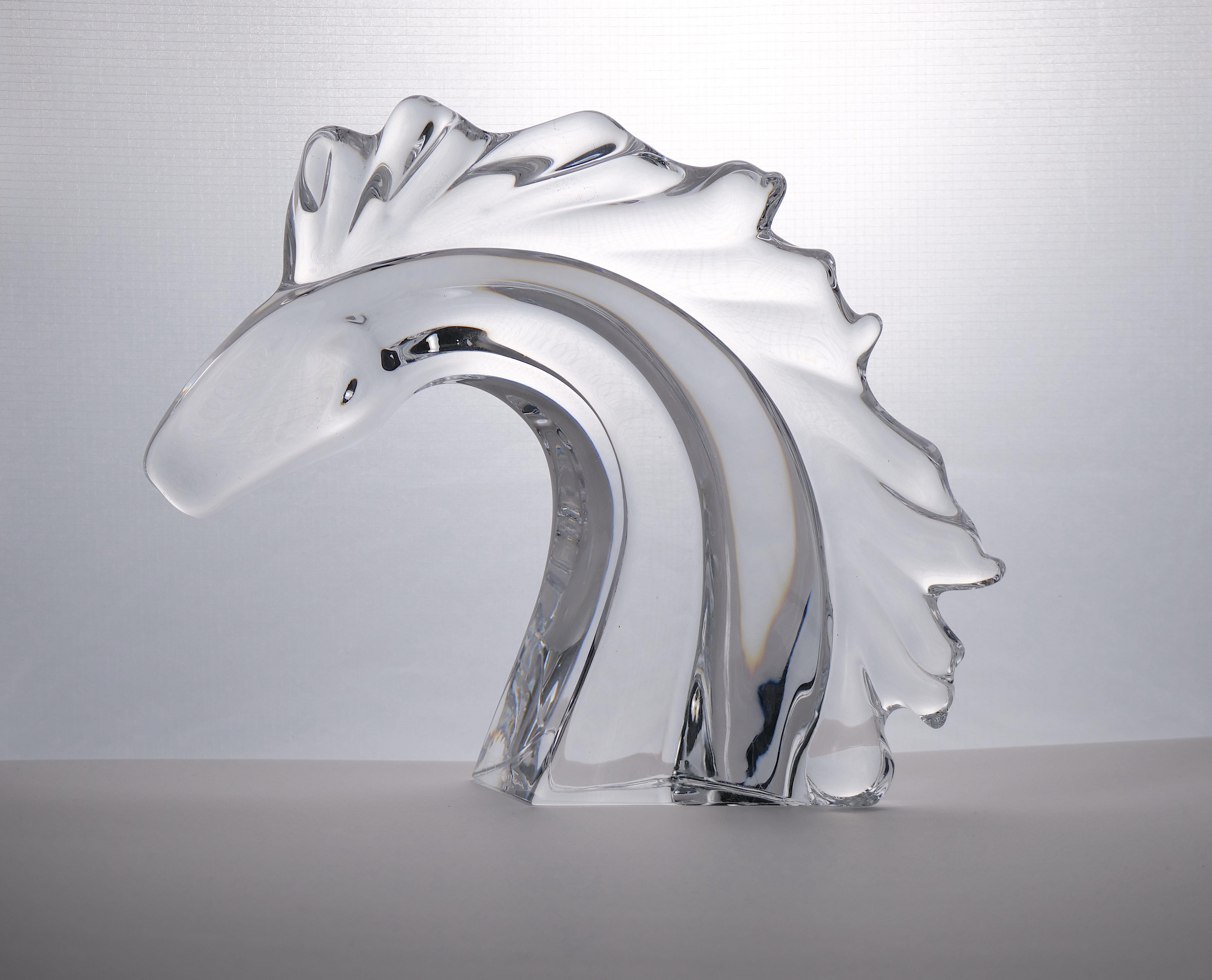 Elegant Art Deco Crystal Tall Horse Head Sculpture by Daum Crystal France 1
