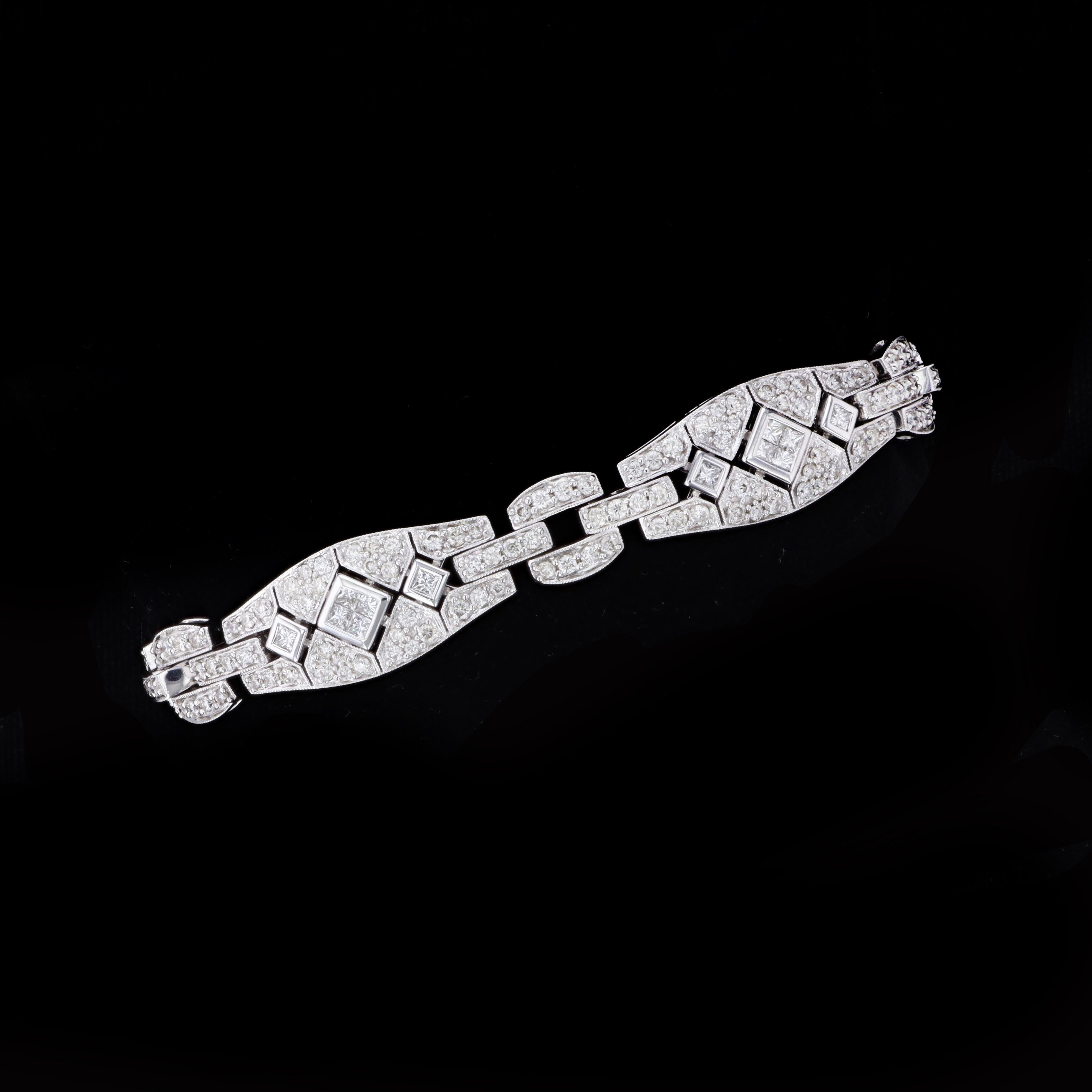 Elegantes Art Deco Diamond Link Estate Armband (Carréschliff) im Angebot