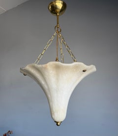 Elegant Art Deco Style Hand-Carved Alabaster Lily Pendant Chandelier, ca 1970s