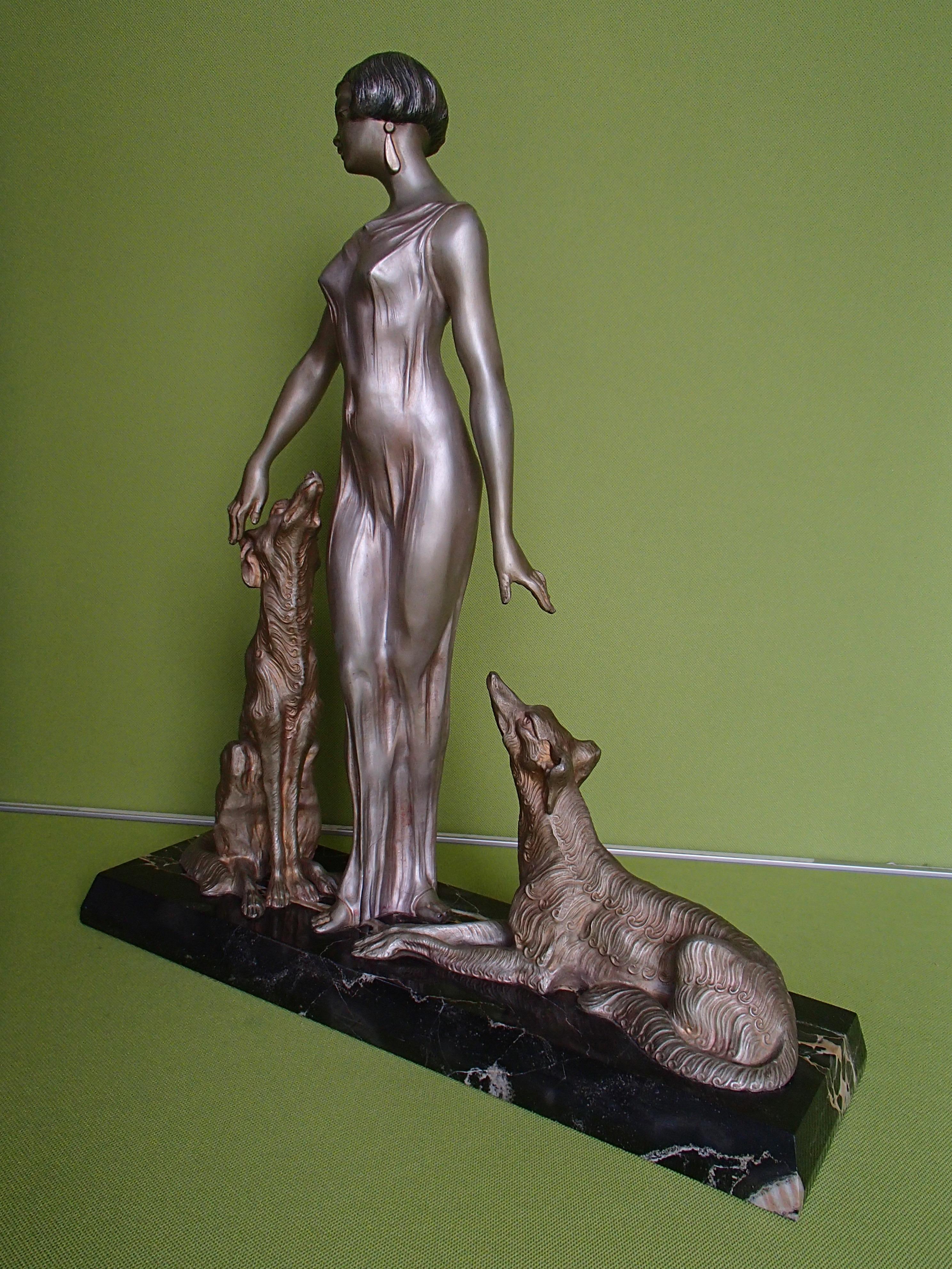 Elegant Art Deco Lady with Two Barsoi Dogs on Black Marble by Limousin 14