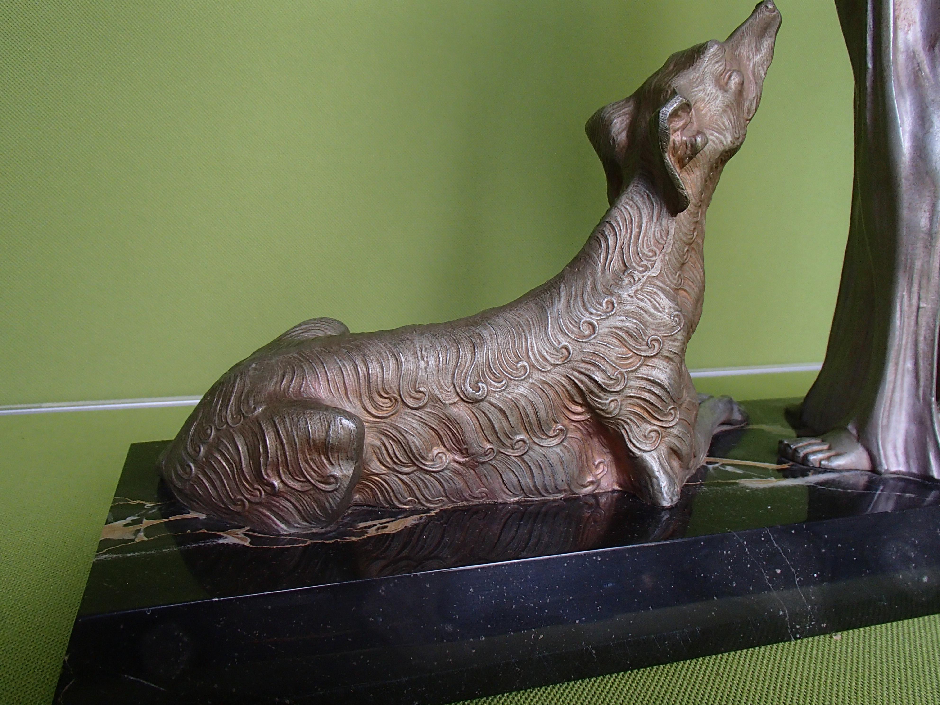 20th Century Elegant Art Deco Lady with Two Barsoi Dogs on Black Marble by Limousin