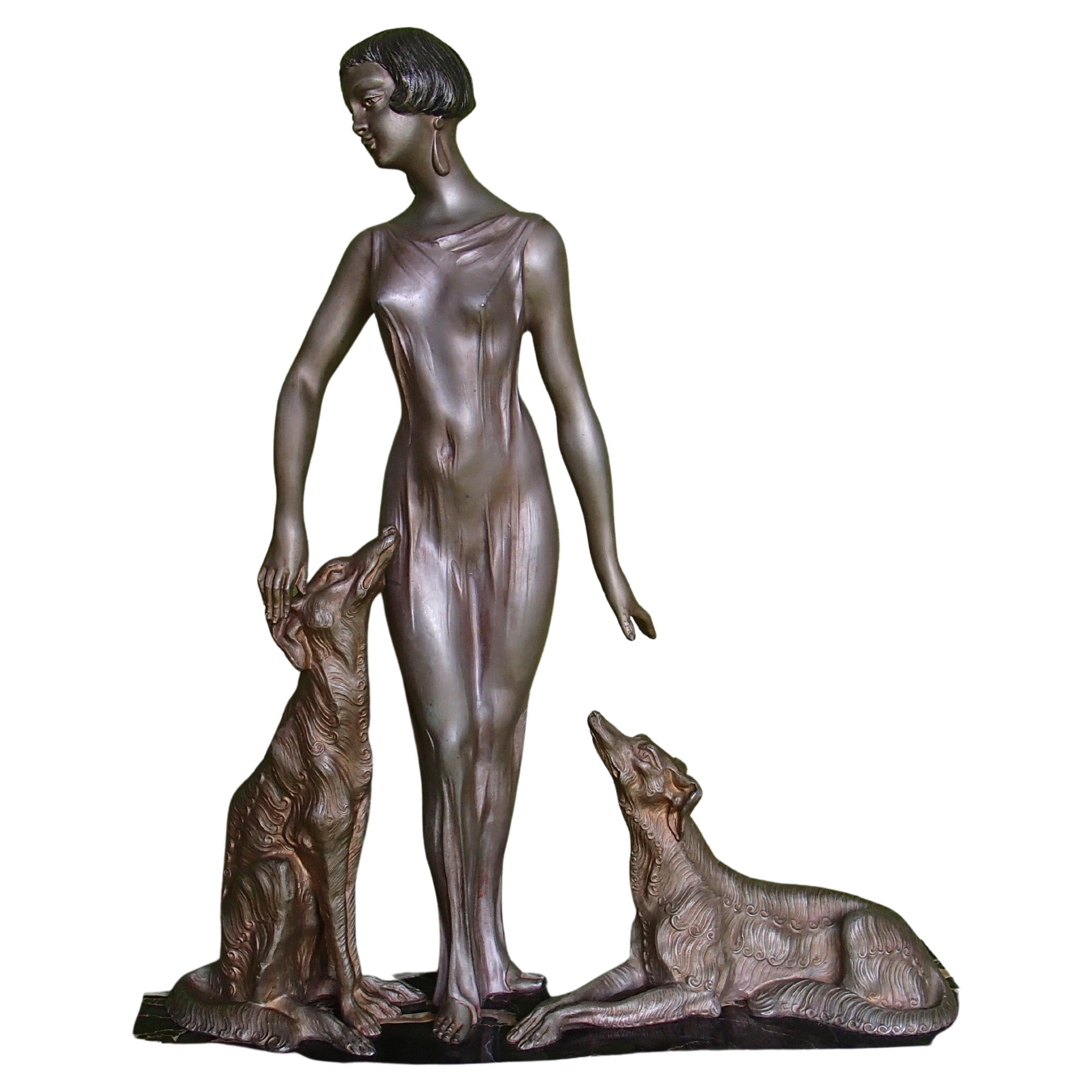Elegant Art Deco Lady with Two Barsoi Dogs on Black Marble by Limousin