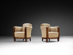 Elegant Art Deco Lounge Chairs in Wood and Taupe Velvet Carved Fluted Feet