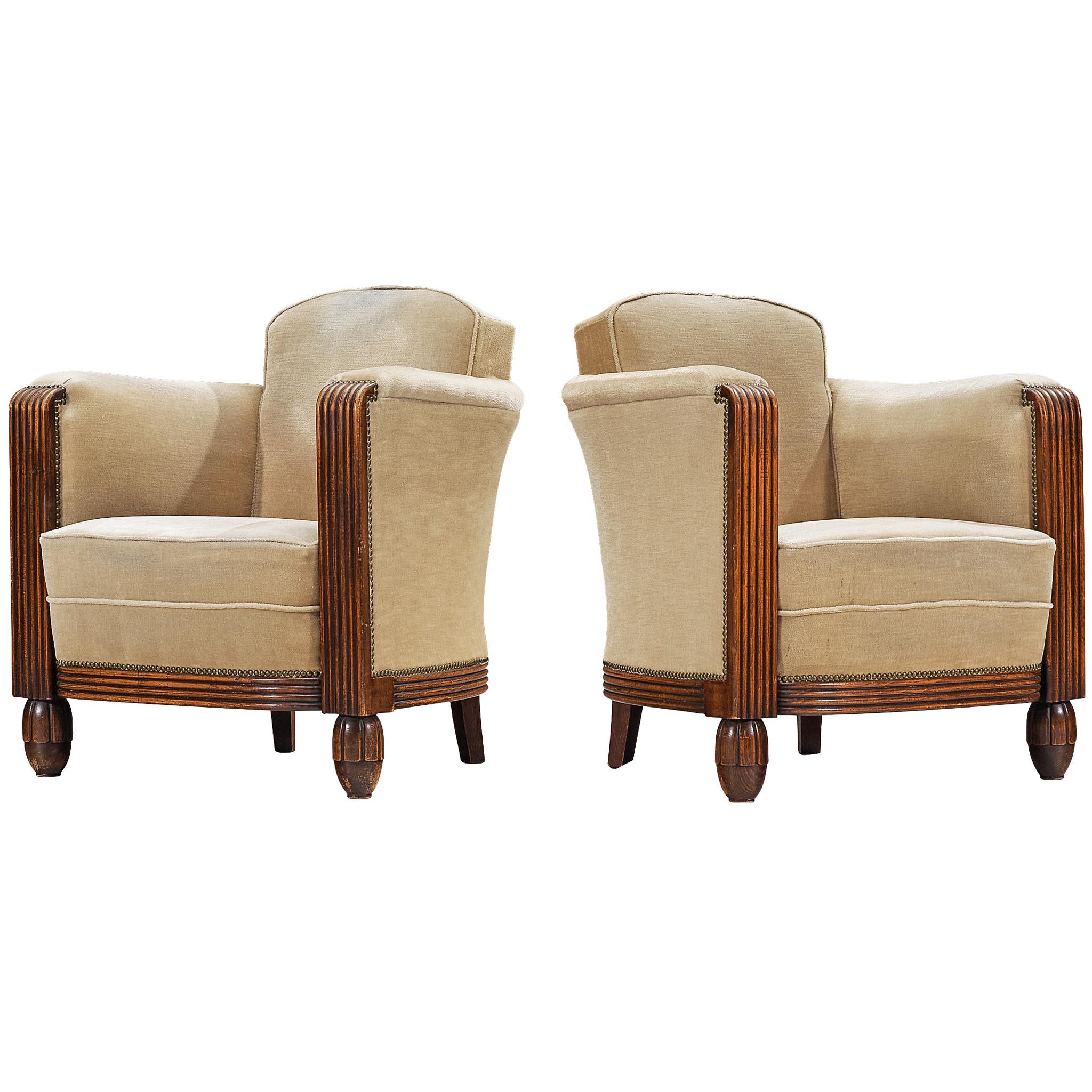 Elegant Art Deco Lounge Chairs in Wood and Taupe Velvet Carved Fluted Feet