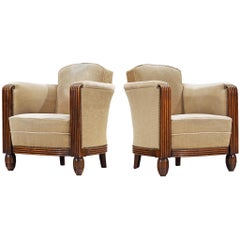 Elegant Art Deco Lounge Chairs in Wood and Taupe Velvet Carved Fluted Feet