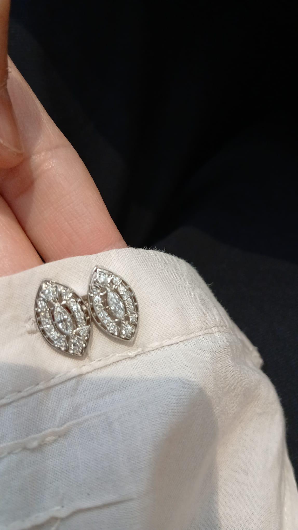 Elegant Art Deco Revival Double Navette Diamond Cufflinks in 18K White Gold For Sale 7