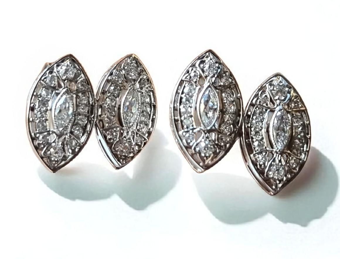 Marquise Cut Elegant Art Deco Revival Double Navette Diamond Cufflinks in 18K White Gold For Sale