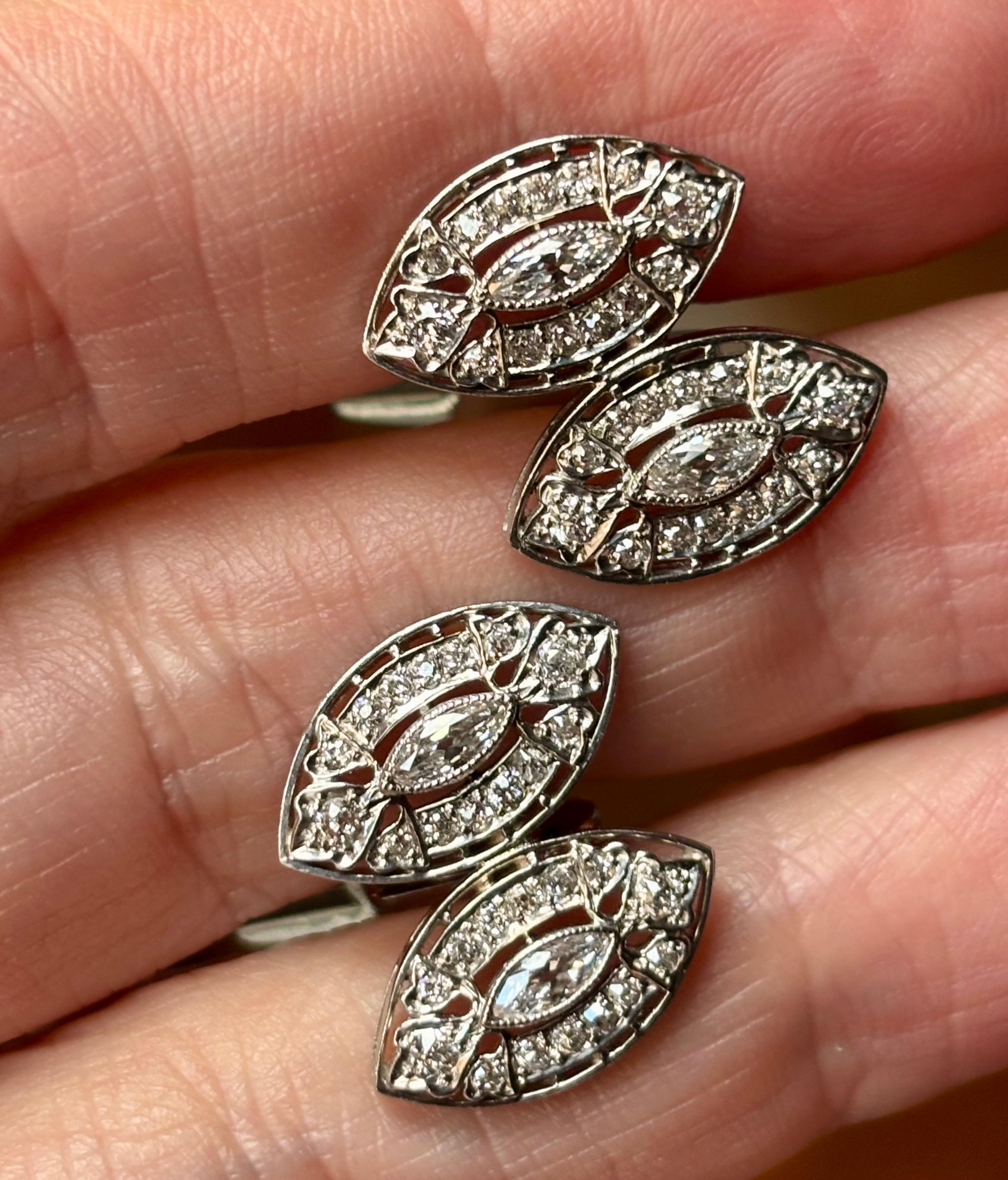 Elegant Art Deco Revival Double Navette Diamond Cufflinks in 18K White Gold For Sale 1