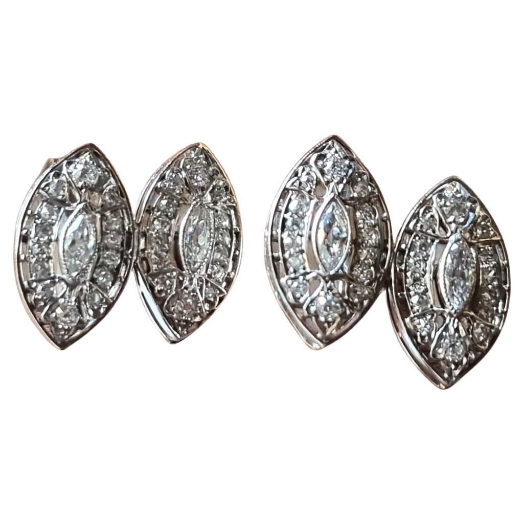Elegant Art Deco Revival Double Navette Diamond Cufflinks in 18K White Gold