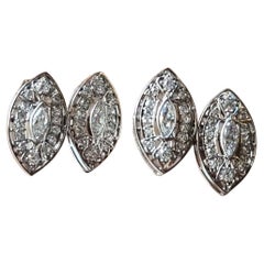 Eleganti gemelli da polso Art Deco Revival con doppio diamante Navette in oro bianco 18 carati
