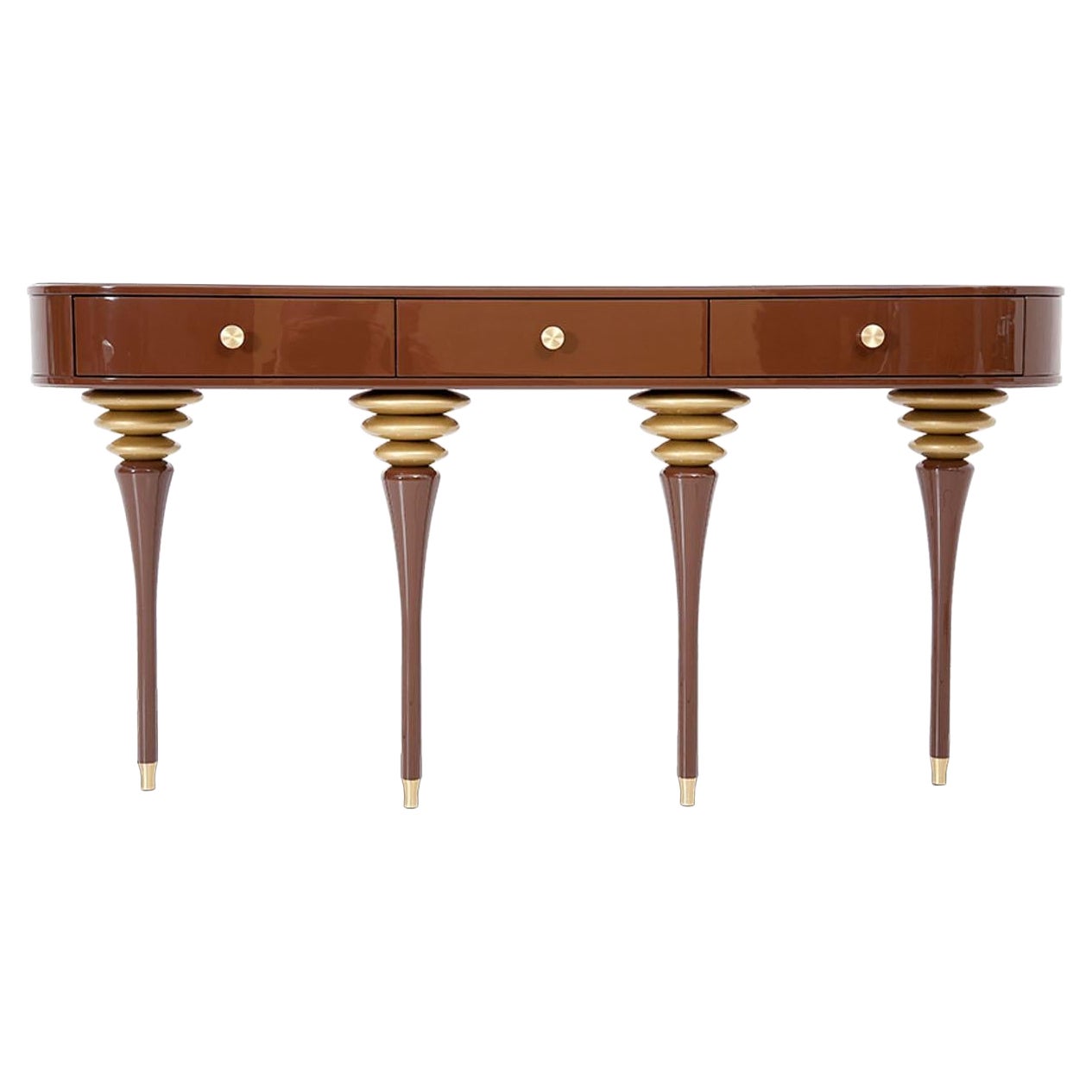 Romantische Holz-Konsole im Art déco-Stil in Braun, Schwarz und Weiß mit Messing, Gold im Angebot