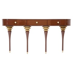 Elegant Art Deco Romantic Wooden Brown, Black, White Console with Brass, Gold