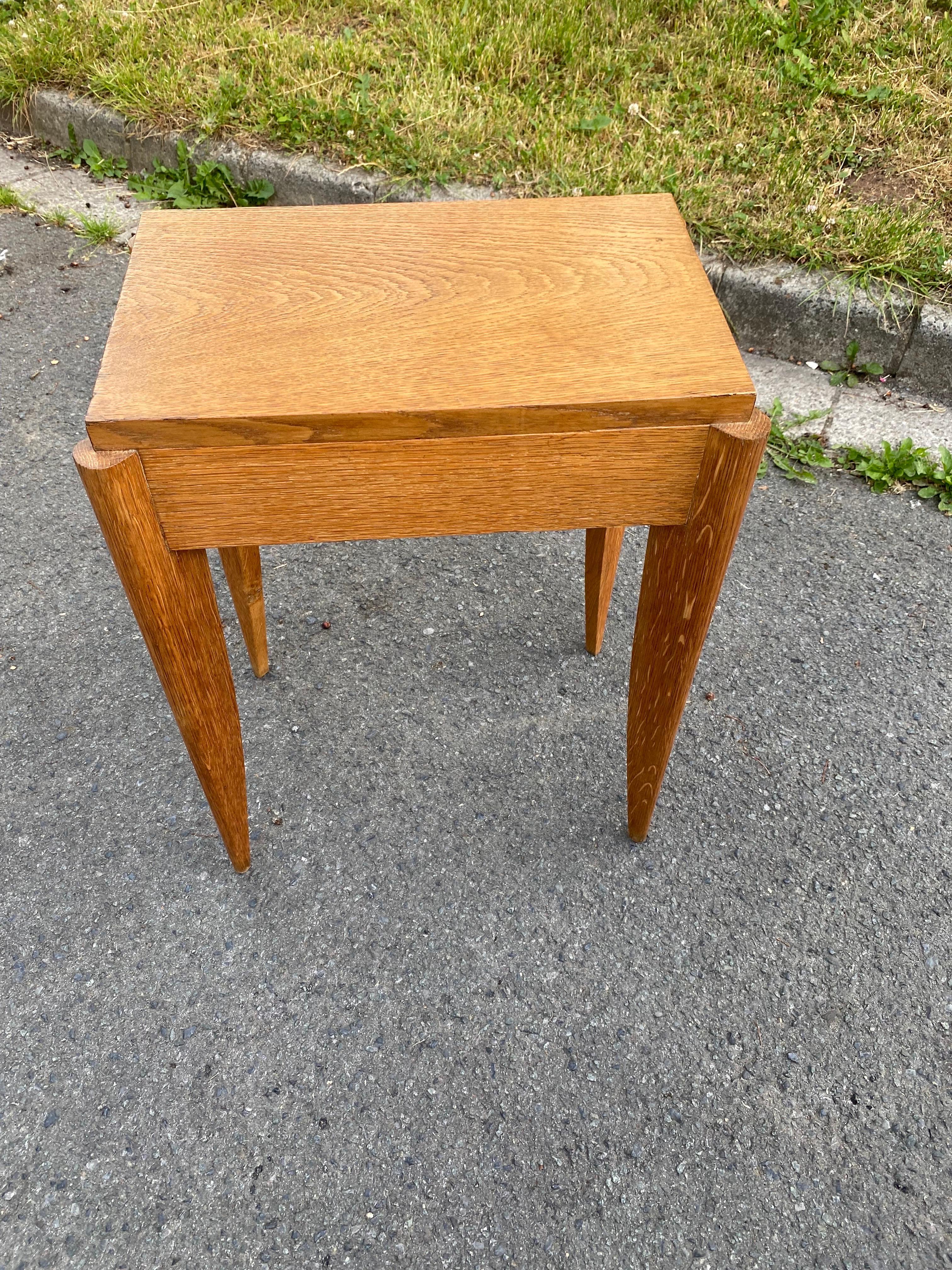 French Elegant Art deco side table, oak and bronze circa 1940 For Sale
