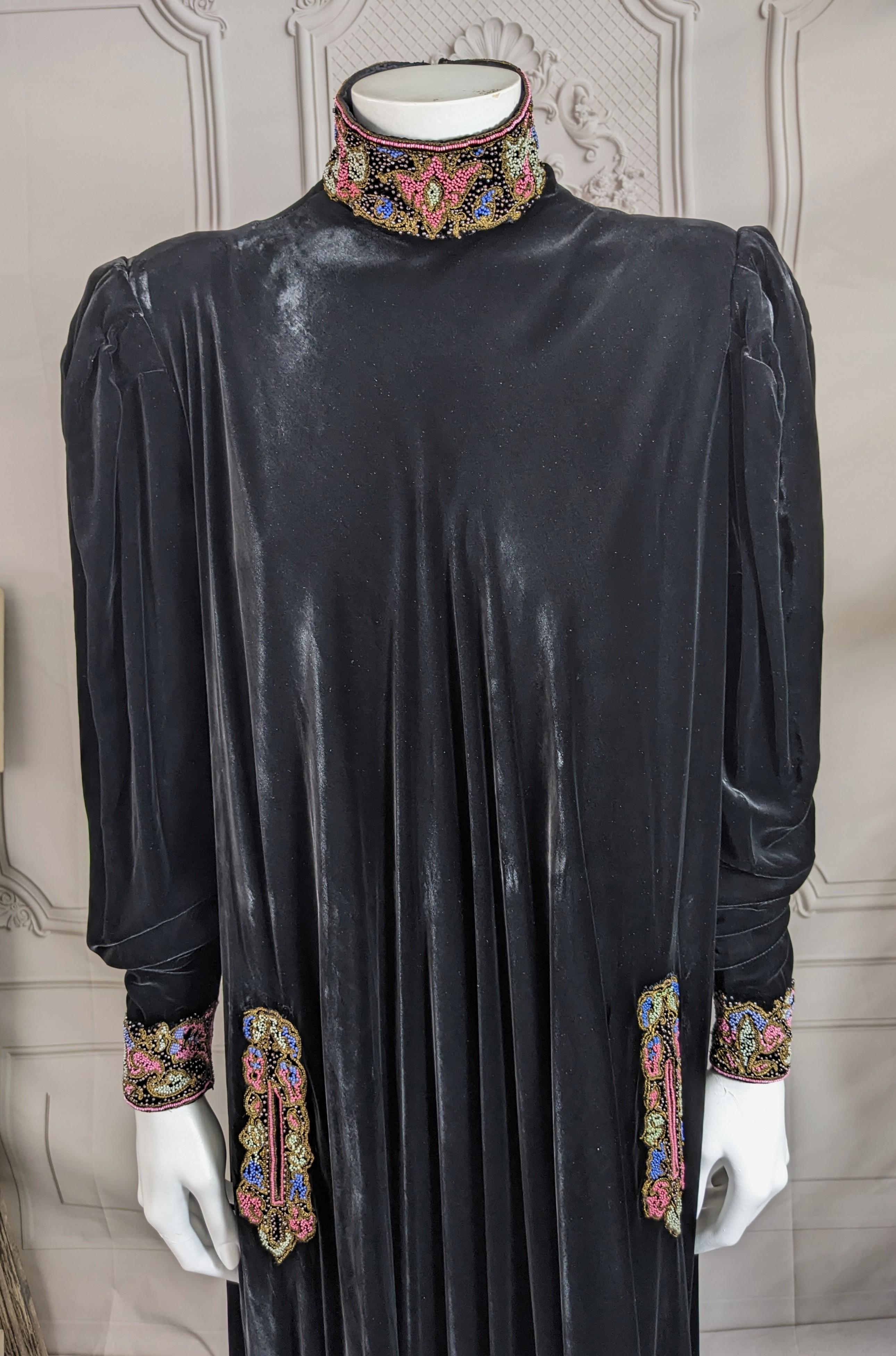 Black Elegant Art Deco Silk Velvet Beaded Gown For Sale