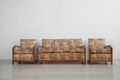 Elegant Art Deco sofa set with burl wood armrests and original upholstery, Italy