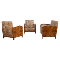 Elegant Art Deco sofa set with burl wood armrests and original upholstery, Italy