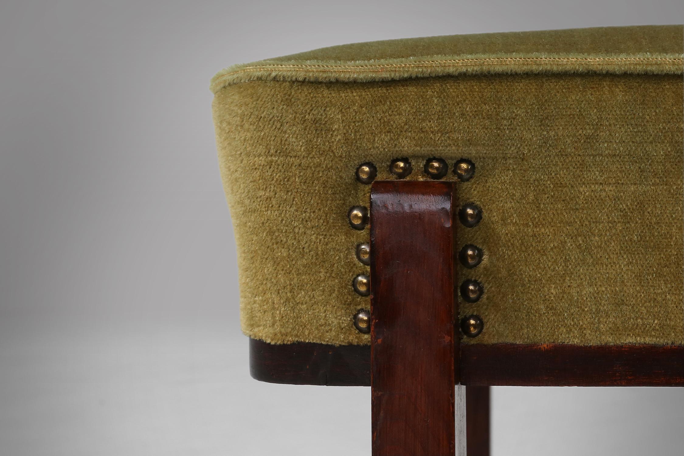 Velvet Elegant art deco stool /pouf with green upholstery (3 pieces), France 1930s For Sale