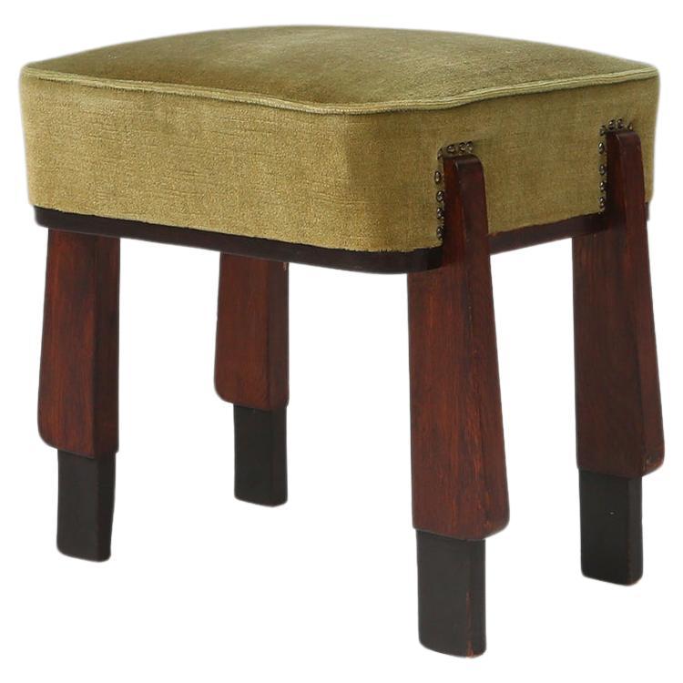 Elegant art deco stool /pouf with green upholstery (3 pieces), France 1930s For Sale