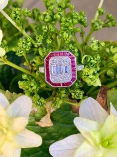 Elegant Art Deco Style Diamond and Ruby Calibre Cut 18 Karat White Gold Ring