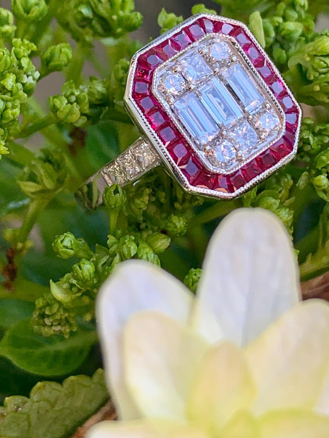 Elegant Art Deco Style Diamond and Ruby Calibre Cut 18 Karat White Gold Ring 1
