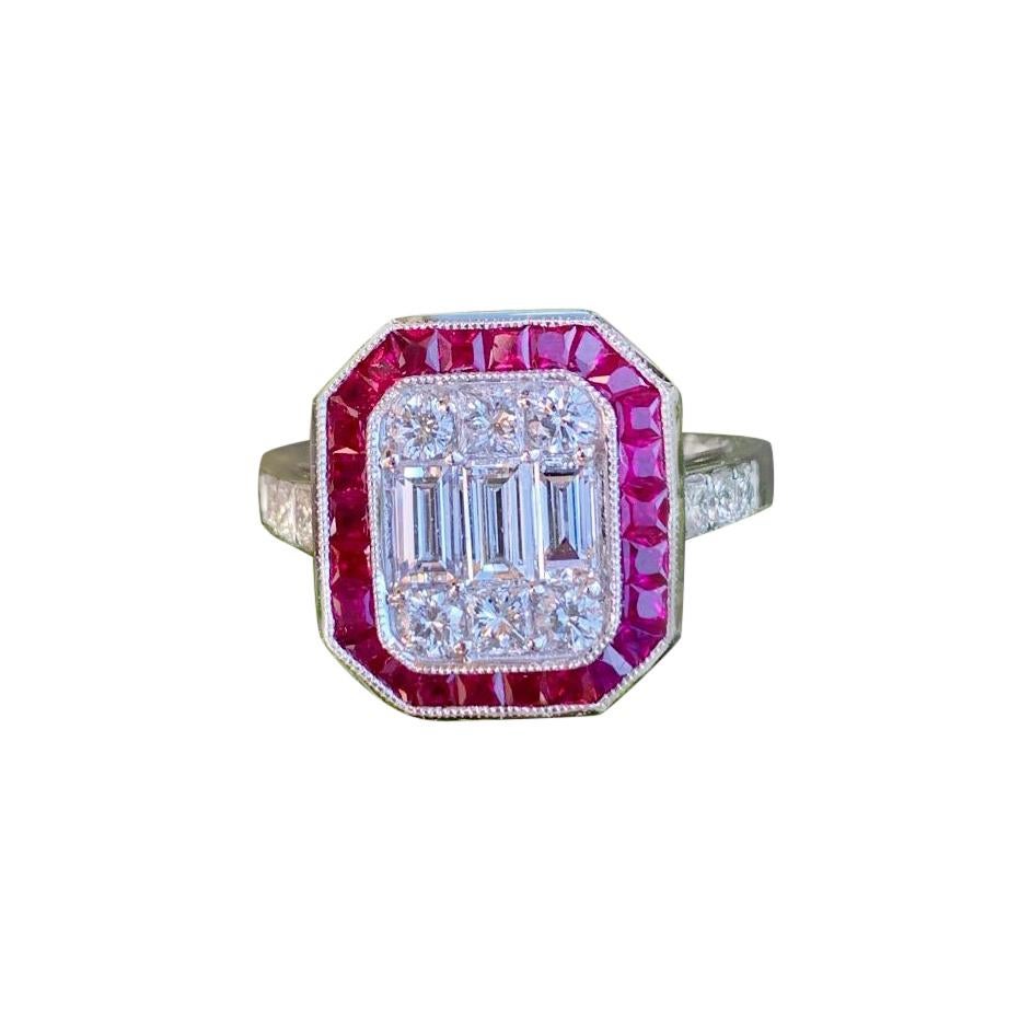 Elegant Art Deco Style Diamond and Ruby Calibre Cut 18 Karat White Gold Ring