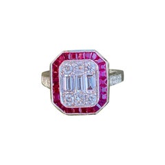 Elegant Art Deco Style Diamond and Ruby Calibre Cut 18 Karat White Gold Ring