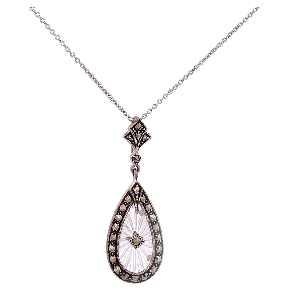 Elegant Art Deco Sunray Crystal and Marcasite Pendant Necklace