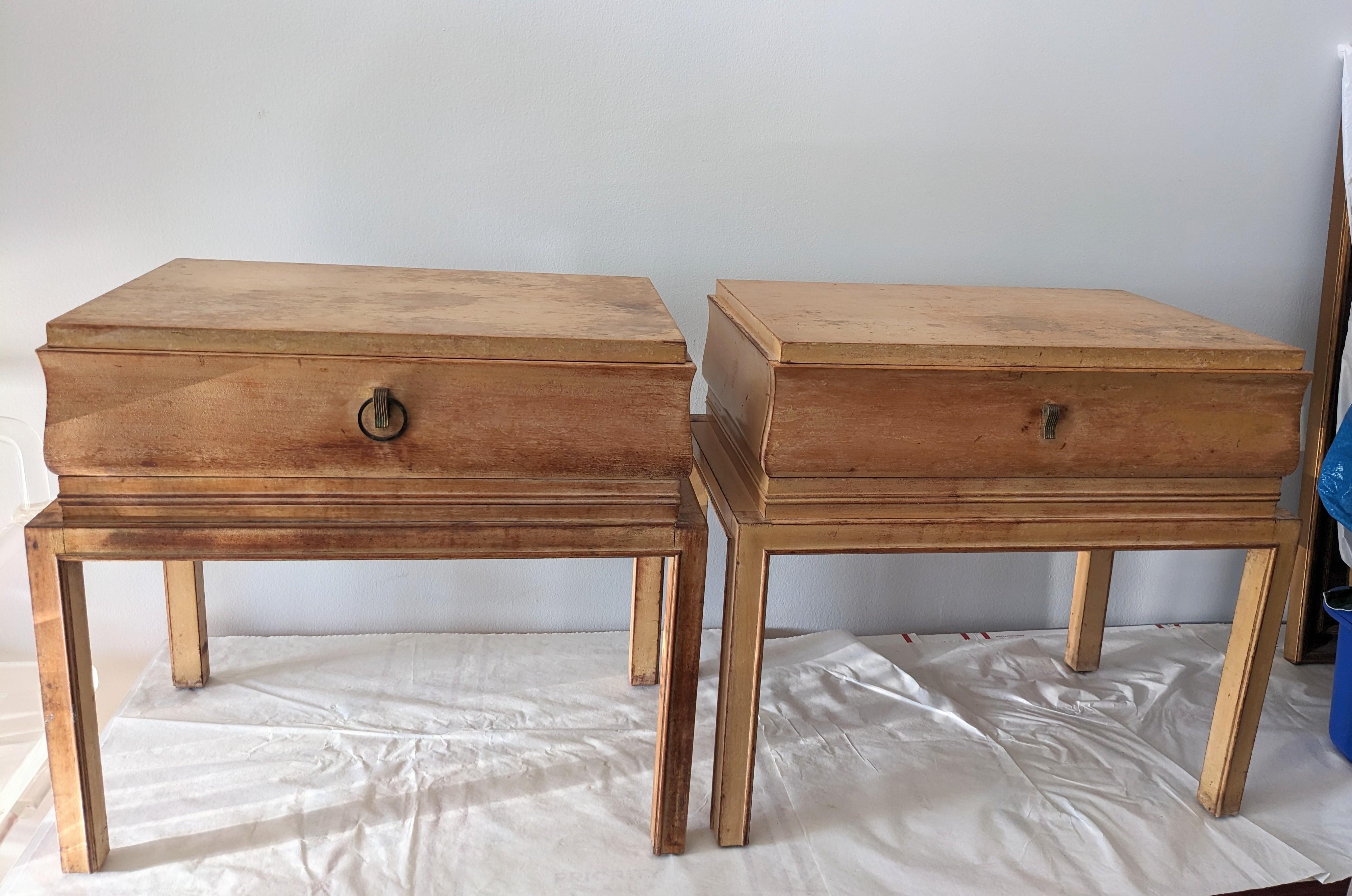 Pair of Elegant Art Deco Tommi Parzinger End/Night Tables for Charak Modern. Amazing lines instantly recognizable as Parzinger in light wood with brass accents. Slightly Asian overtones in this sleek stepped design from the 1940's. One chest is