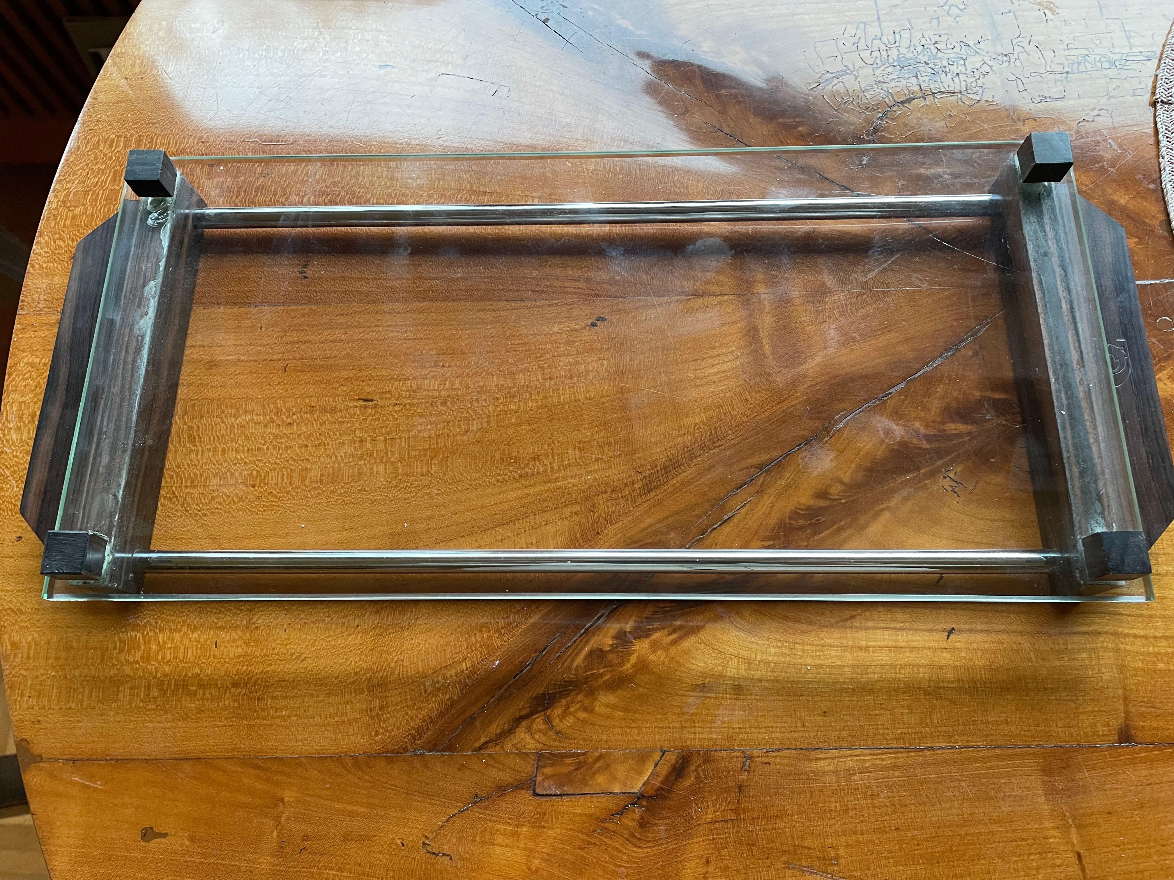 French Elegant Art Déco tray. France 1930s. Macassar Wood.Chrome border. Marked. For Sale