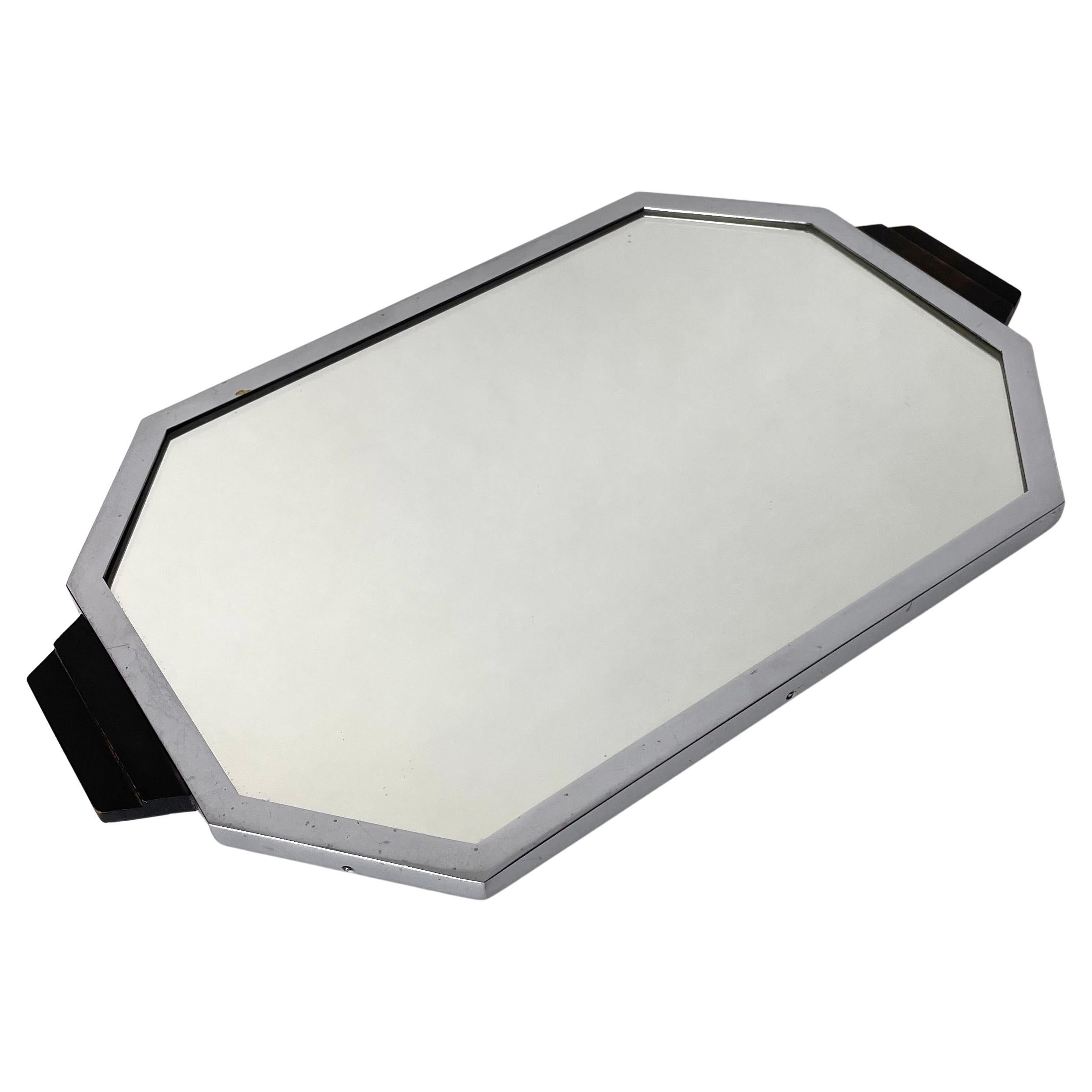 Elegant Art Deco Tray in Chrome and Blackened Wood with Mirror Glass, 1920s  For Sale