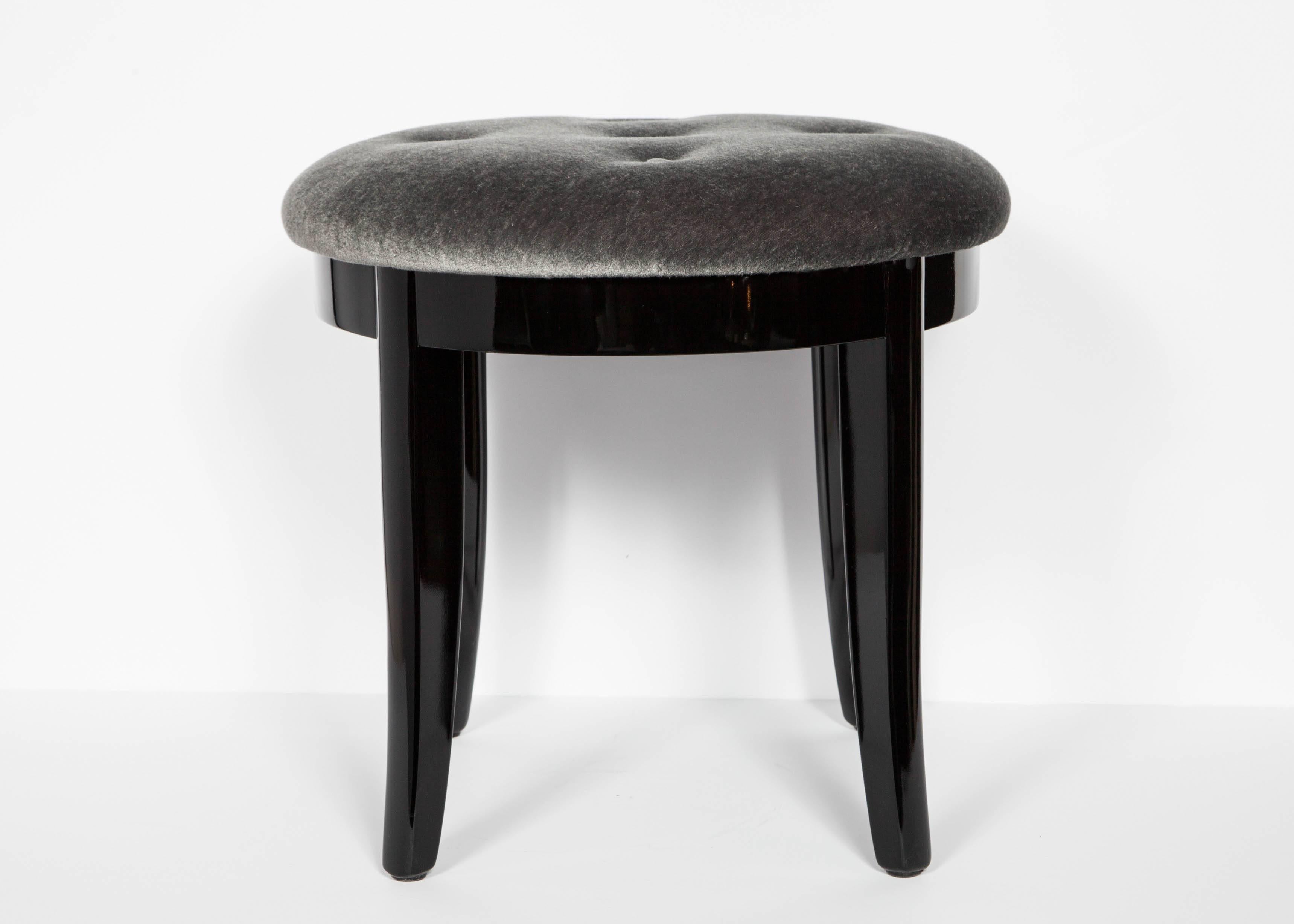 American Elegant Art Deco Vanity Stool in Black Lacquer and Grey Mohair