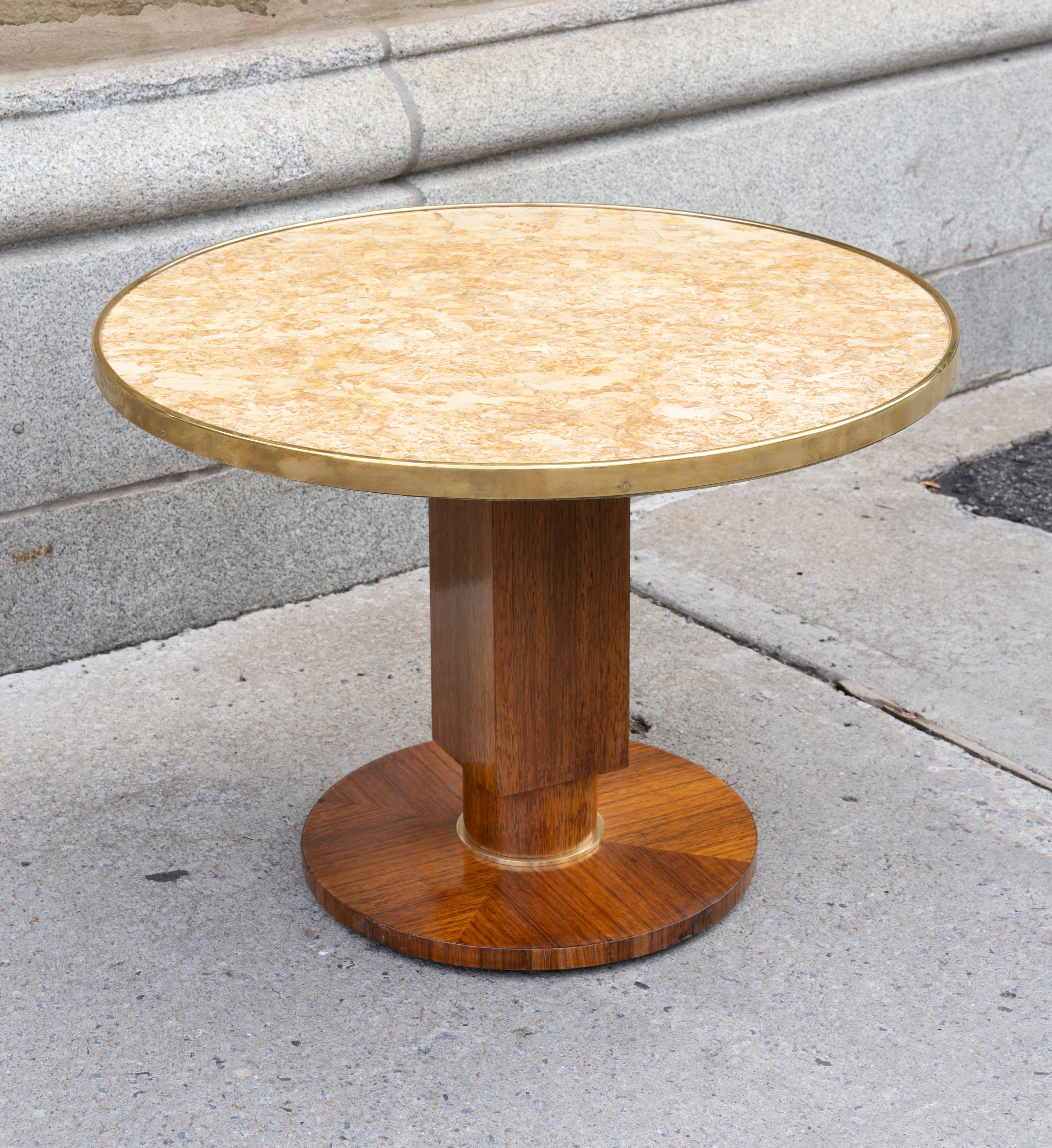 Elegant Art Deco walnut gueridon by Jules Leleu with marble top Signed: 