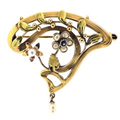 Elegant Art Nouveau 18 Karat Yellow Gold, Sapphire and Pearl French Brooch