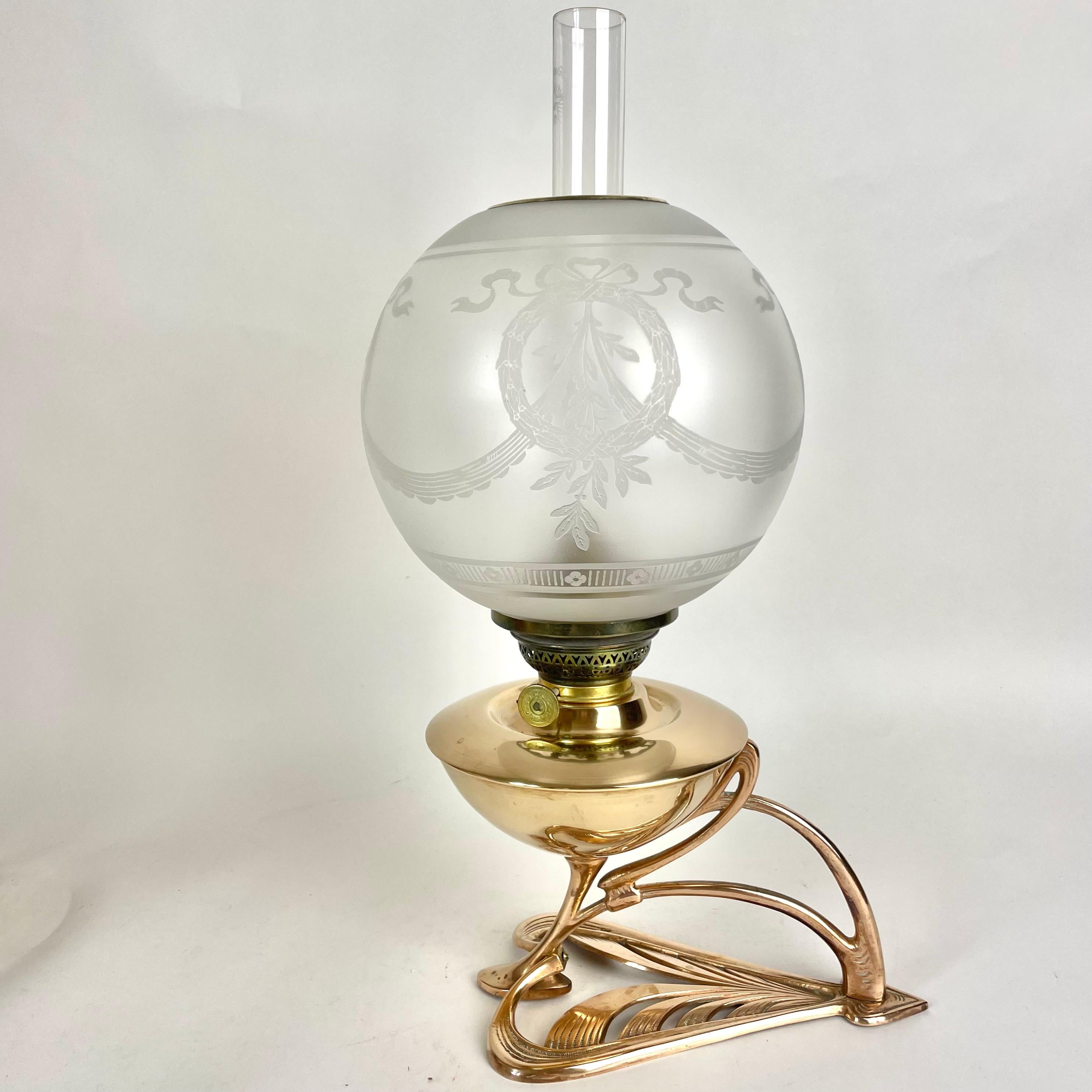 Swedish Elegant Art Nouveau Oil Lamp in Brass from Böhlmarks Lampfabrik in Sweden