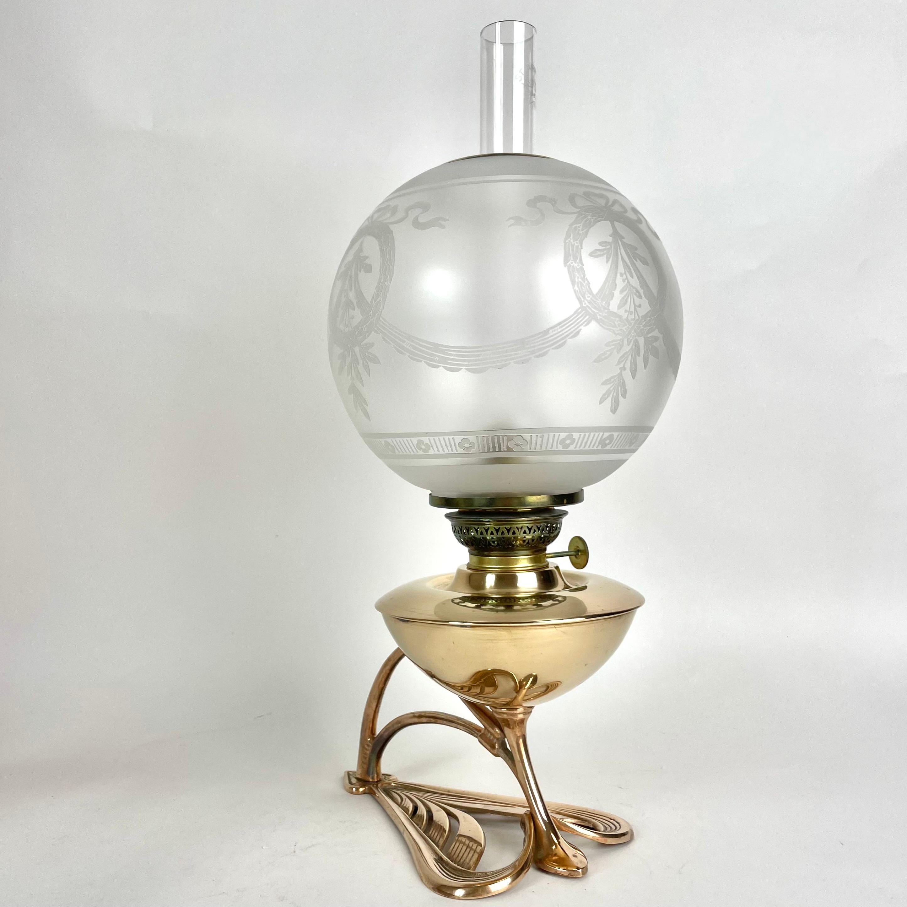 20th Century Elegant Art Nouveau Oil Lamp in Brass from Böhlmarks Lampfabrik in Sweden
