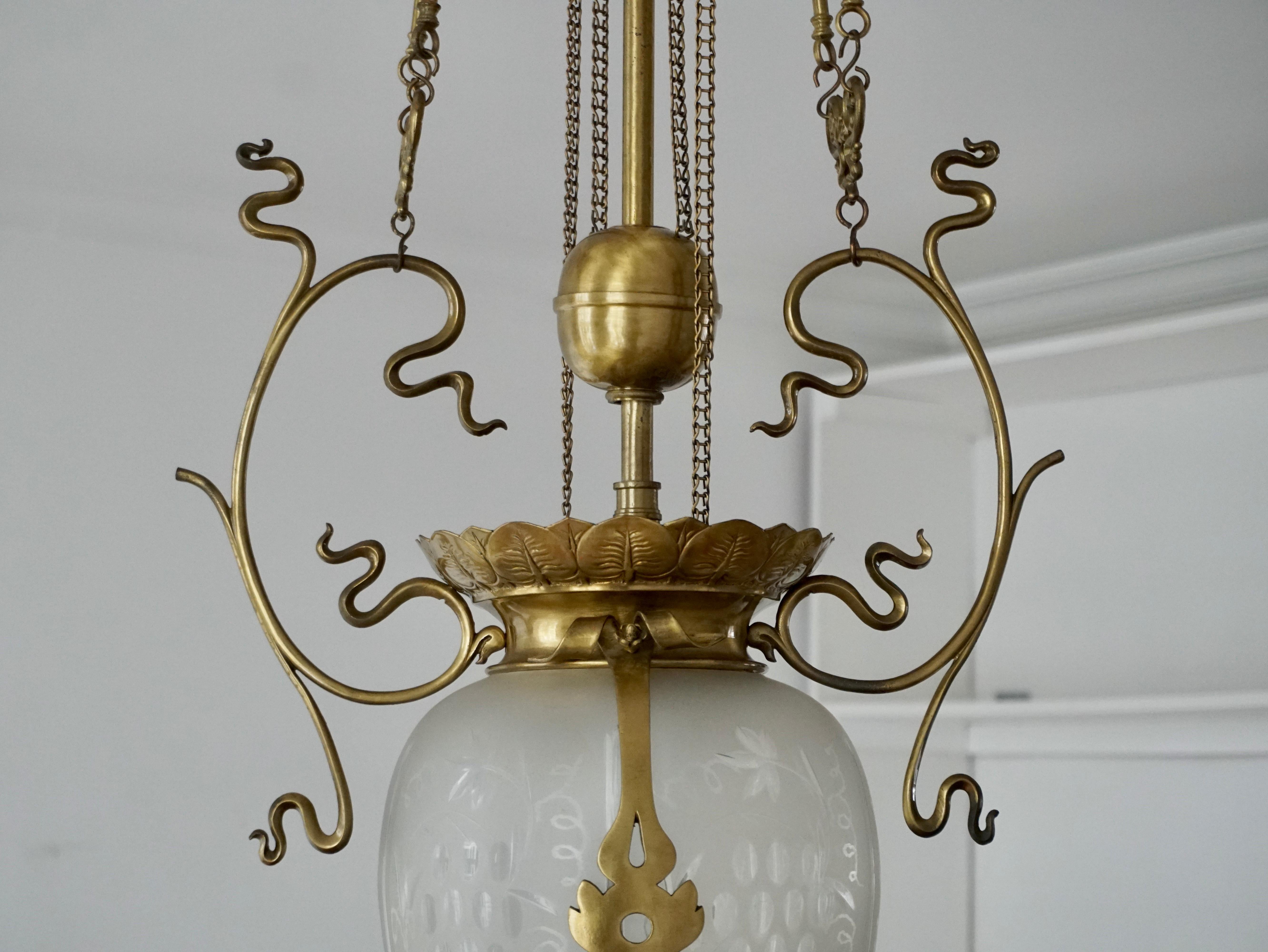 Elegant Art Nouveau Pendant Light in Brass and Glass For Sale 9