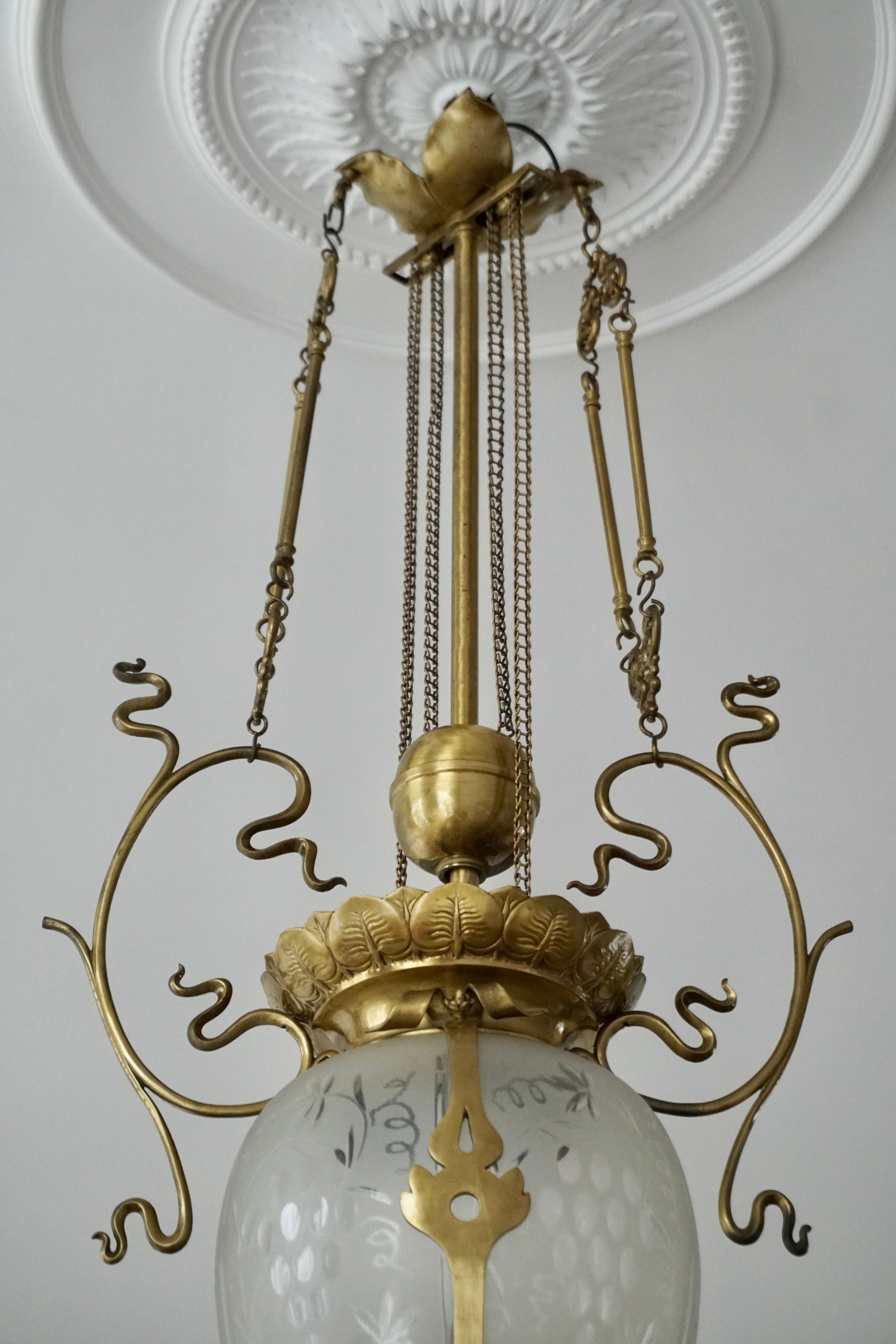 Elegant Art Nouveau Pendant Light in Brass and Glass For Sale 11