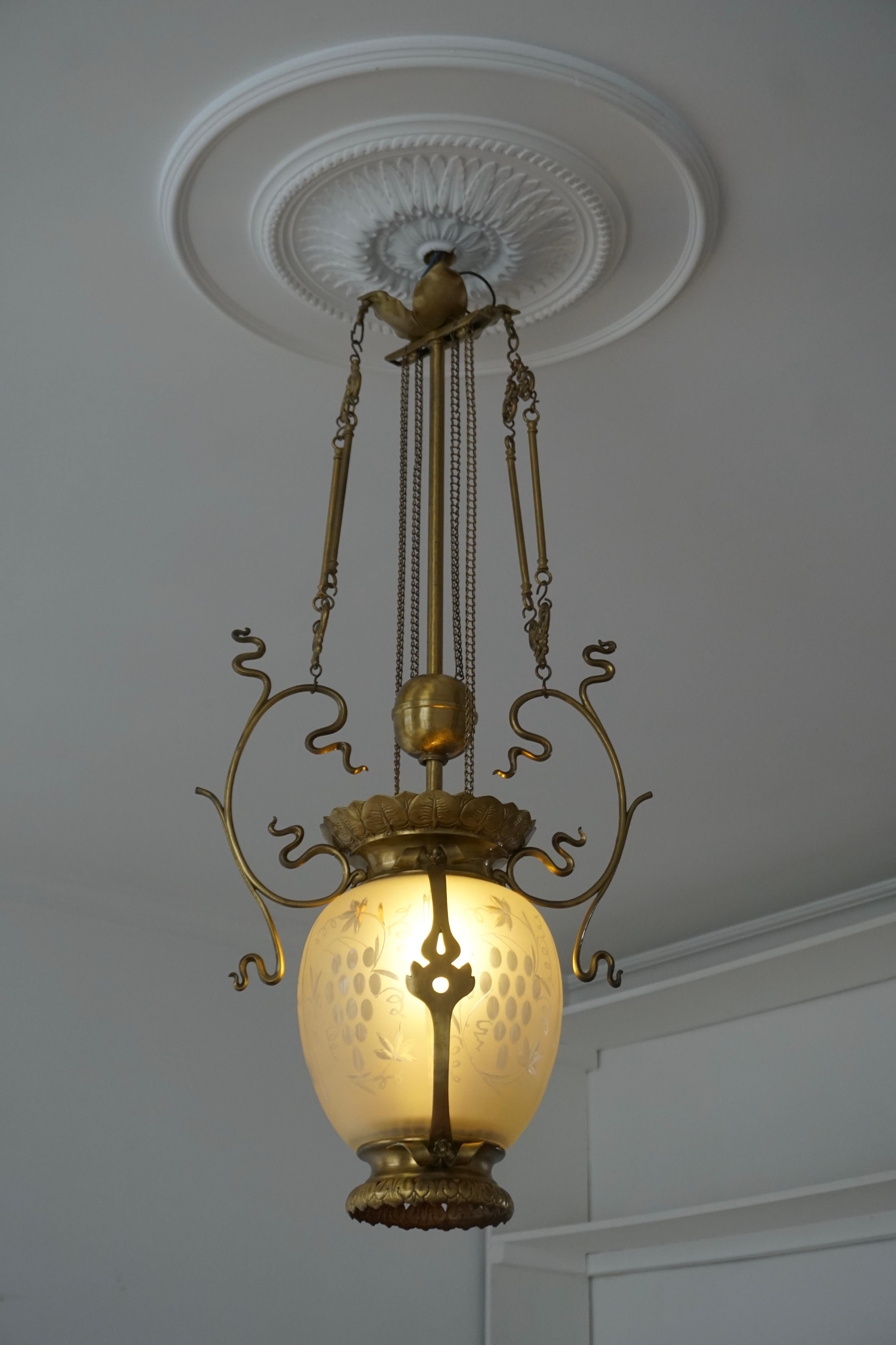 Belgian Elegant Art Nouveau Pendant Light in Brass and Glass For Sale