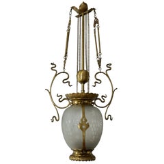 Antique Elegant Art Nouveau Pendant Light in Brass and Glass