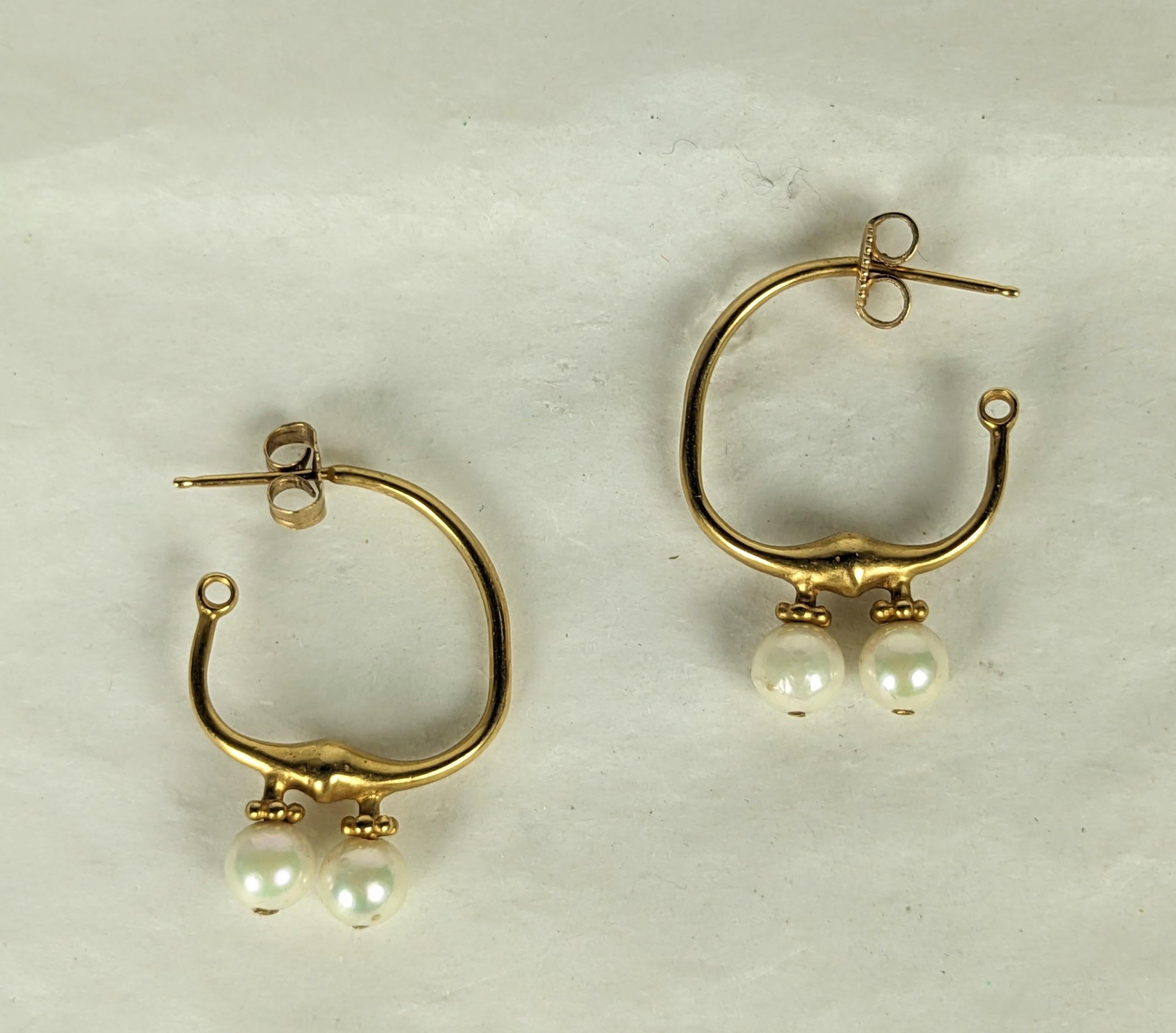 Artist Elegant Artisanal Gold and Pearl Hoop Earrings For Sale