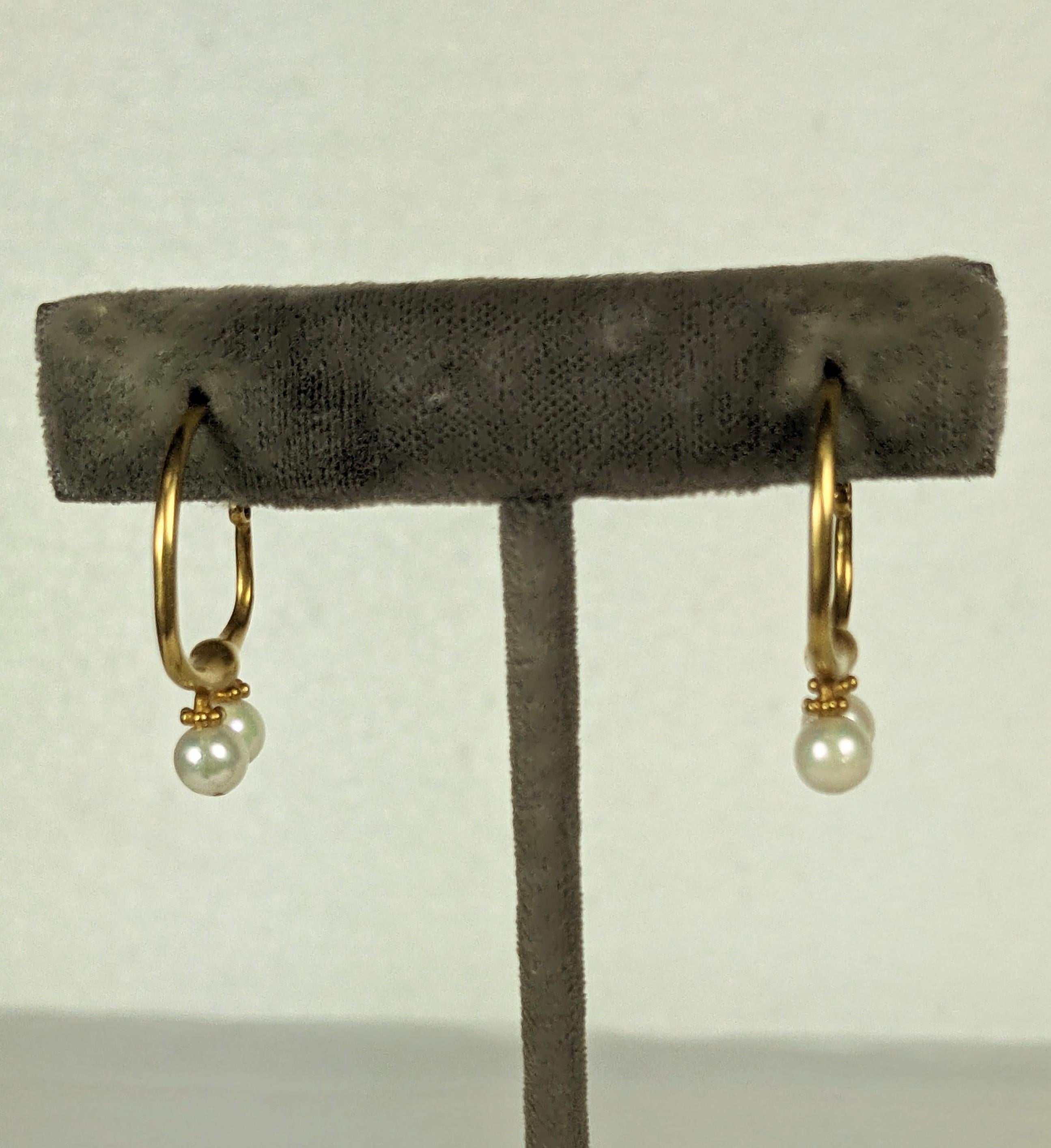 Bead Elegant Artisanal Gold and Pearl Hoop Earrings For Sale